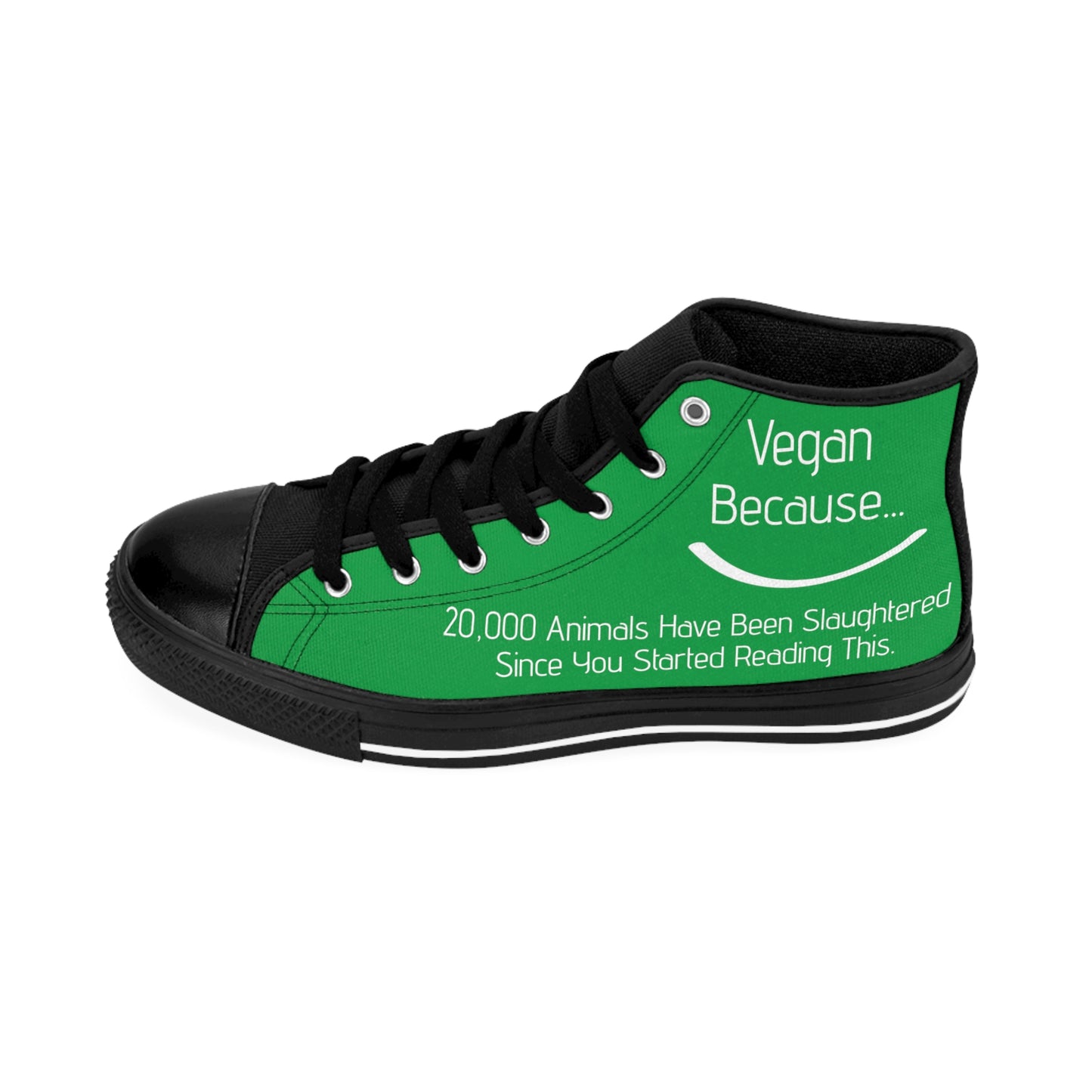 front view "Vegan Because.." green high top sneaker on white background