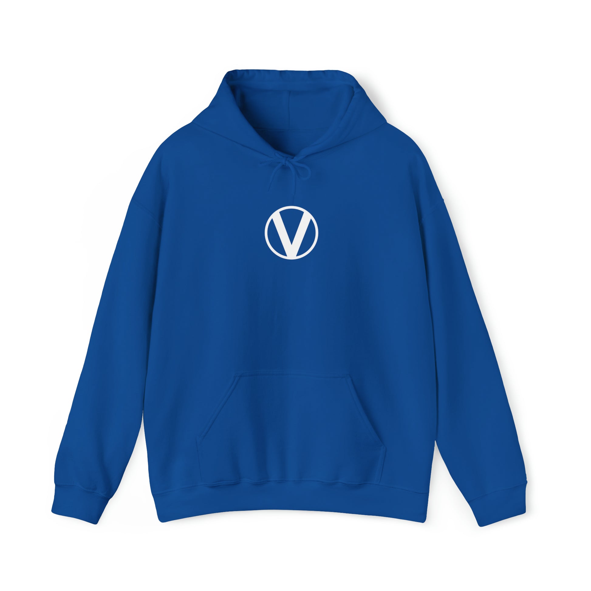 front Circled V hoodie blue on white, vegan v symbol