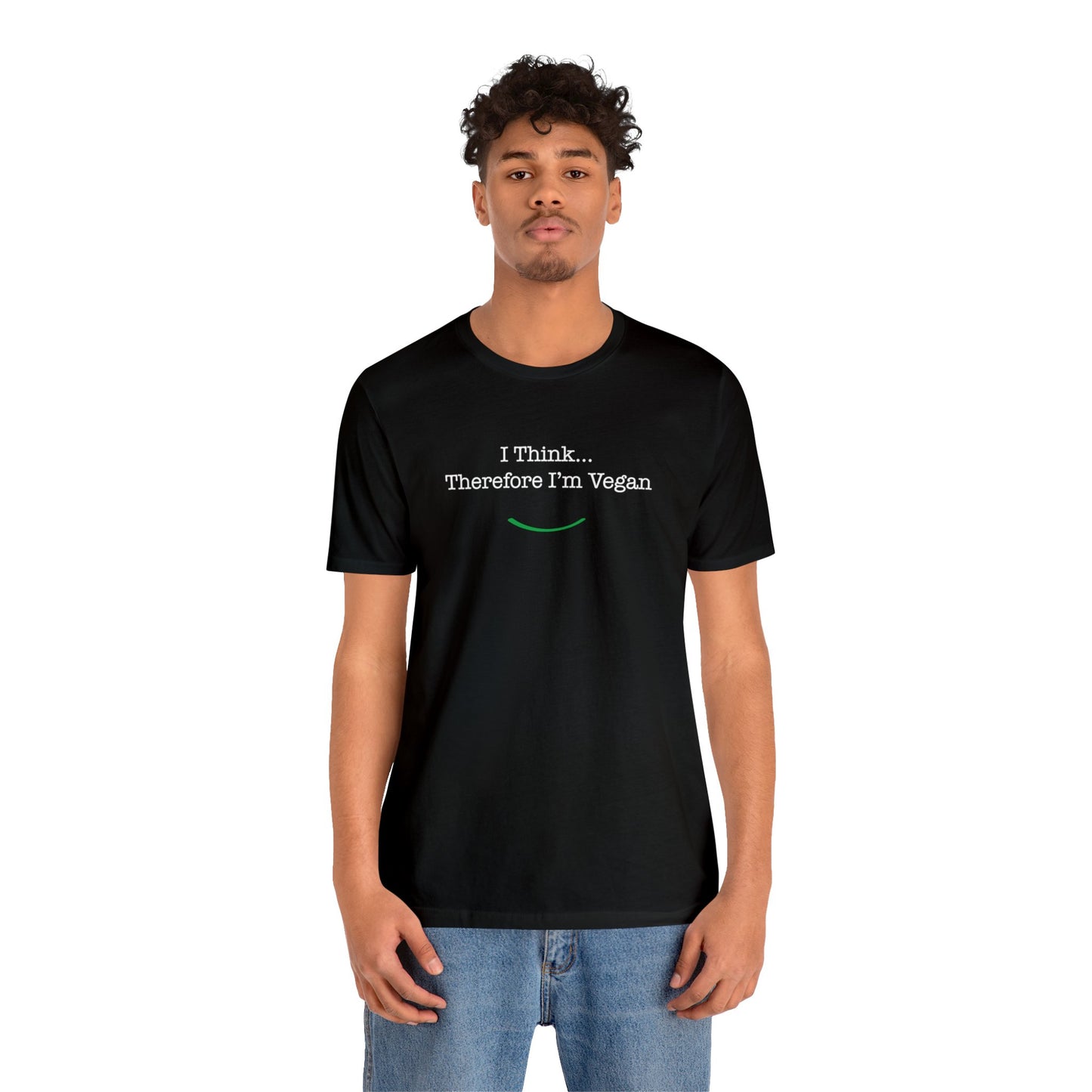 front "i Think Therefore I'm Vegan" t-shirt on white male