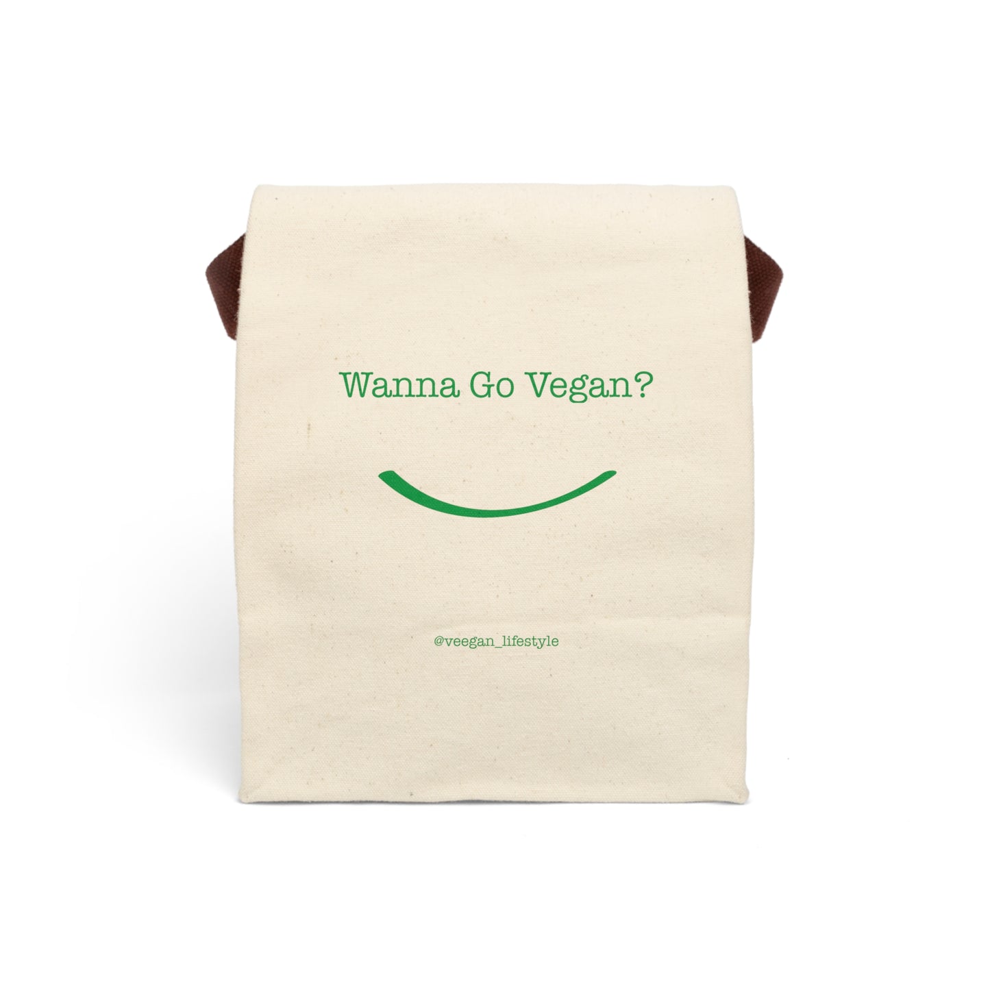 front view "Wanna Go Vegan?" reusable lunch bag on white