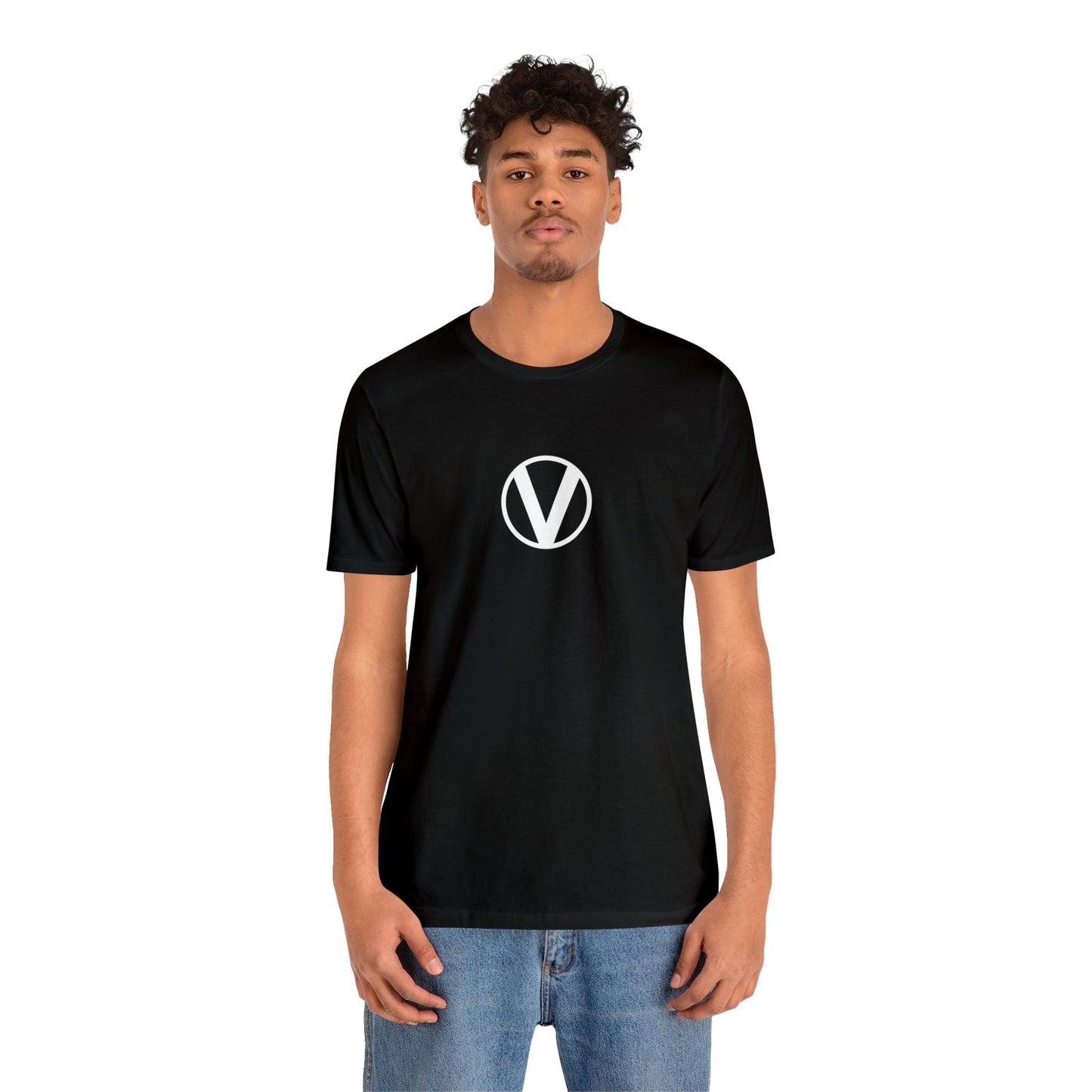 circled v vegan v symbol tee on male model