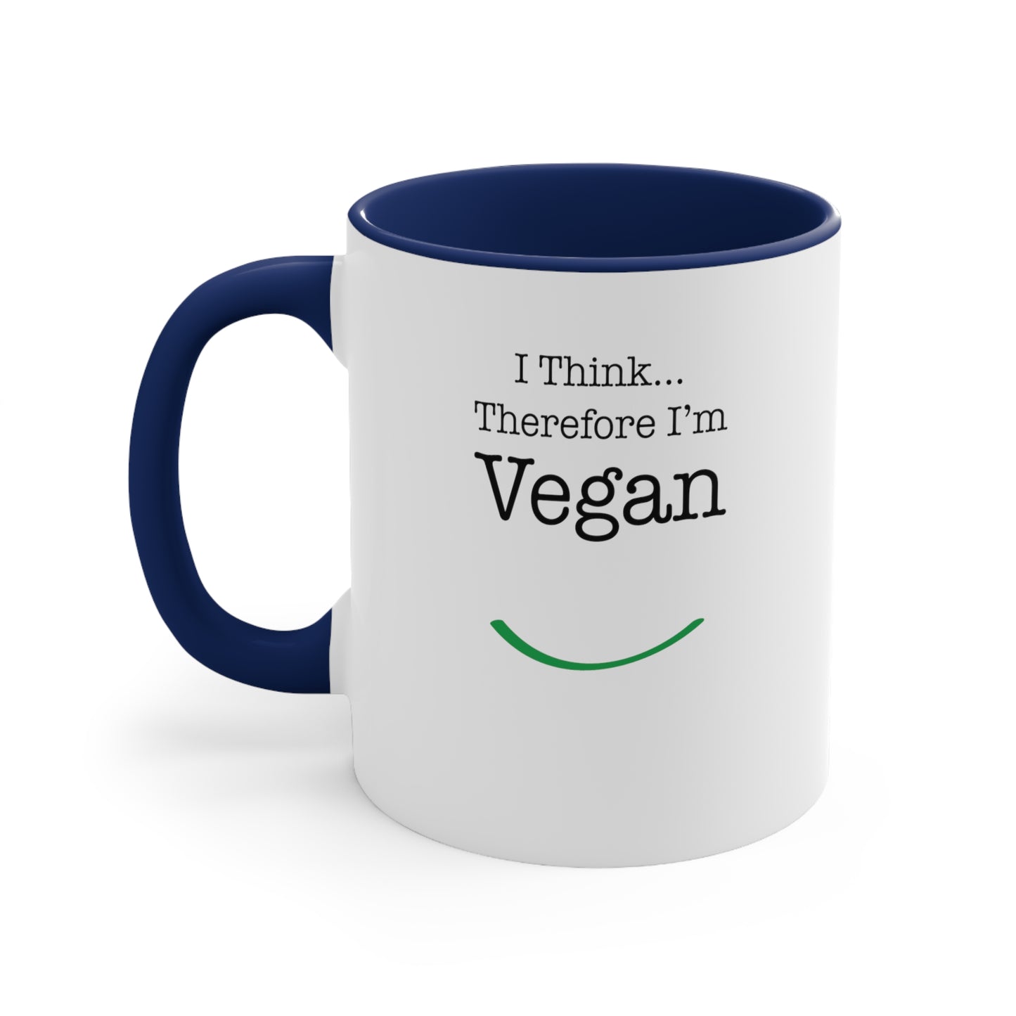 front "i Think Therefore I'm Vegan" mug dark blue on white