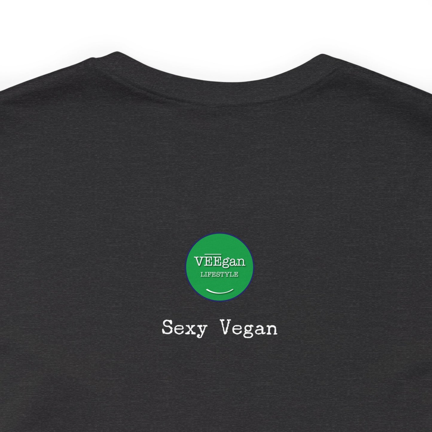 front "Sexy Vegan" black t-shirt with smile on white detail