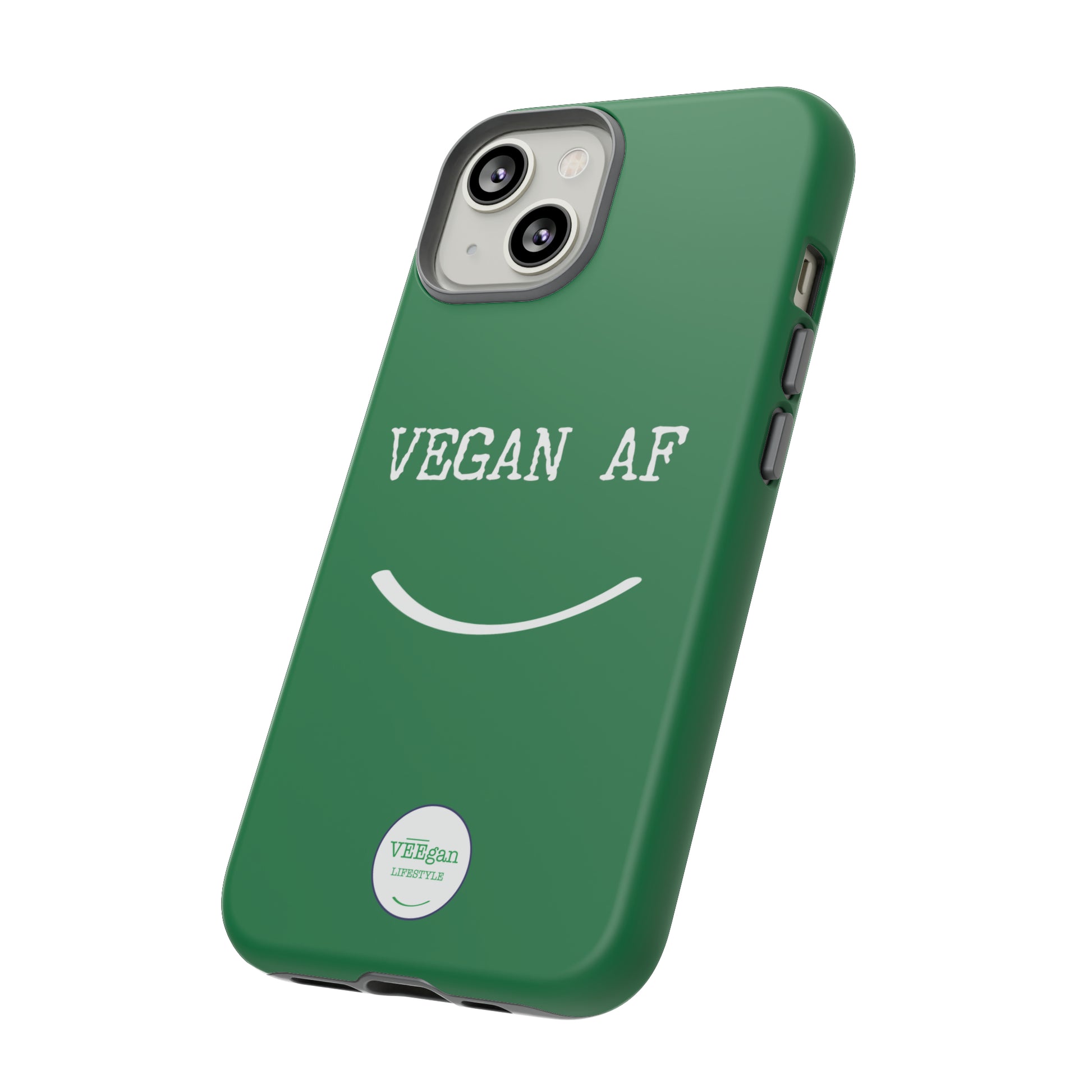 front view "Vegan AF" Tough green Phone Case with smile white background