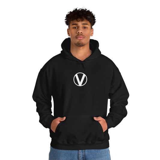 front Circled V hoodie on white male, vegan v symbol