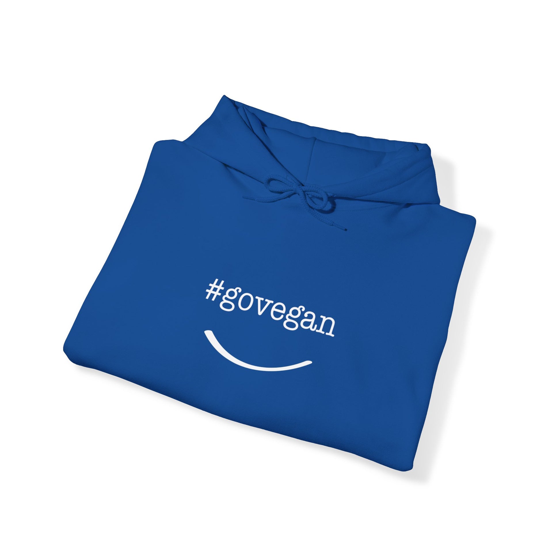 #govegan blue hoodie folded on white