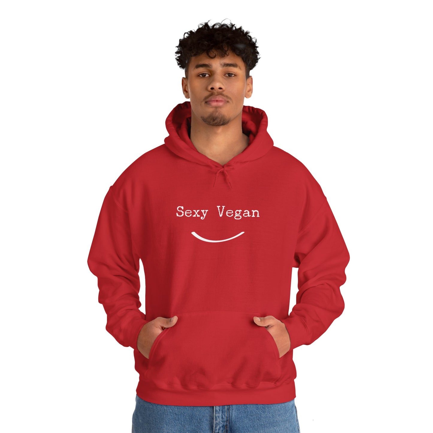 front "Sexy Vegan" red hoodie with smile on white male