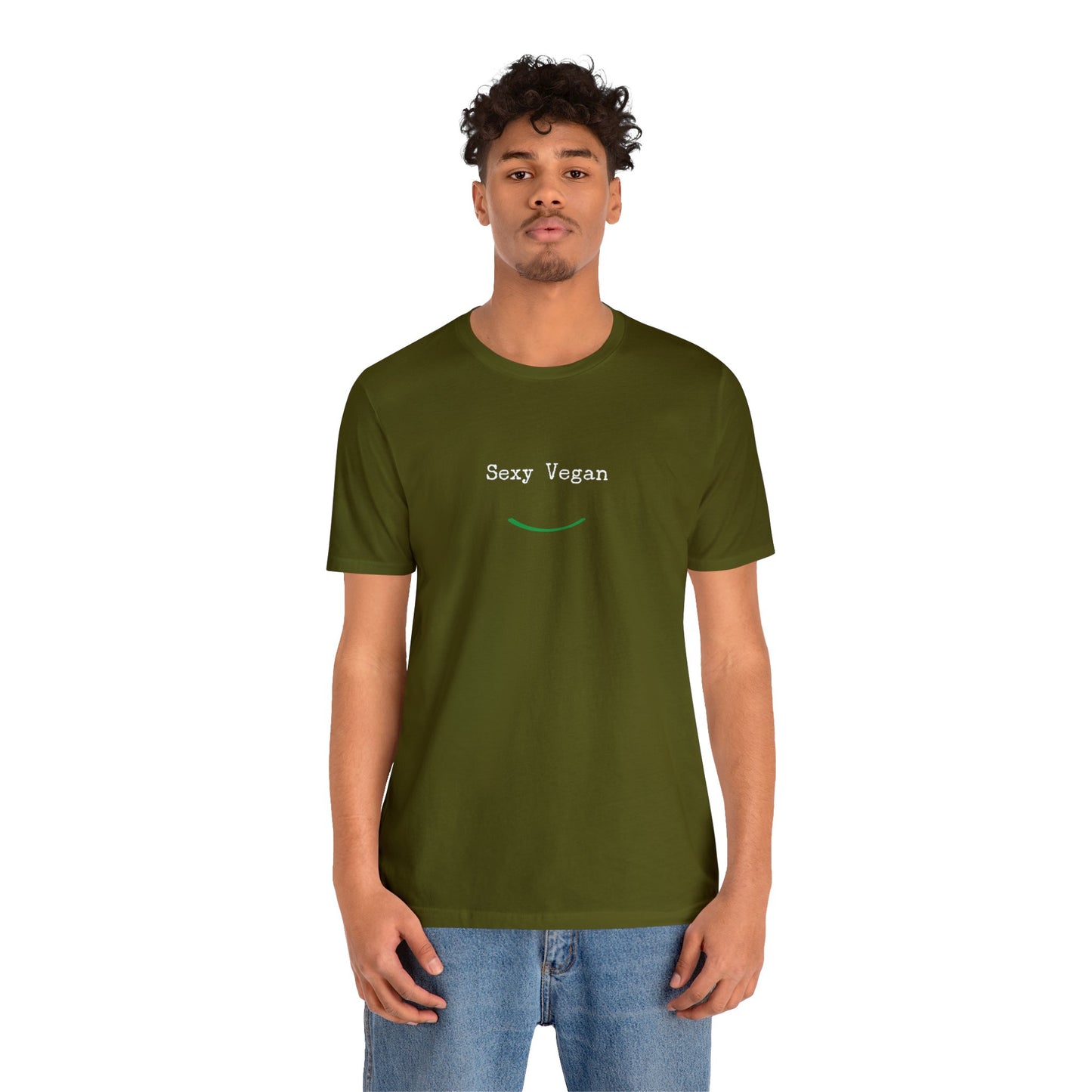 front "Sexy Vegan" green t-shirt with smile on white male