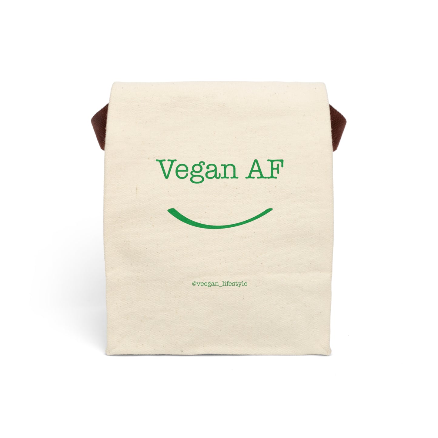 front view "Vegan AF" canvas lunch bag with smile white background 