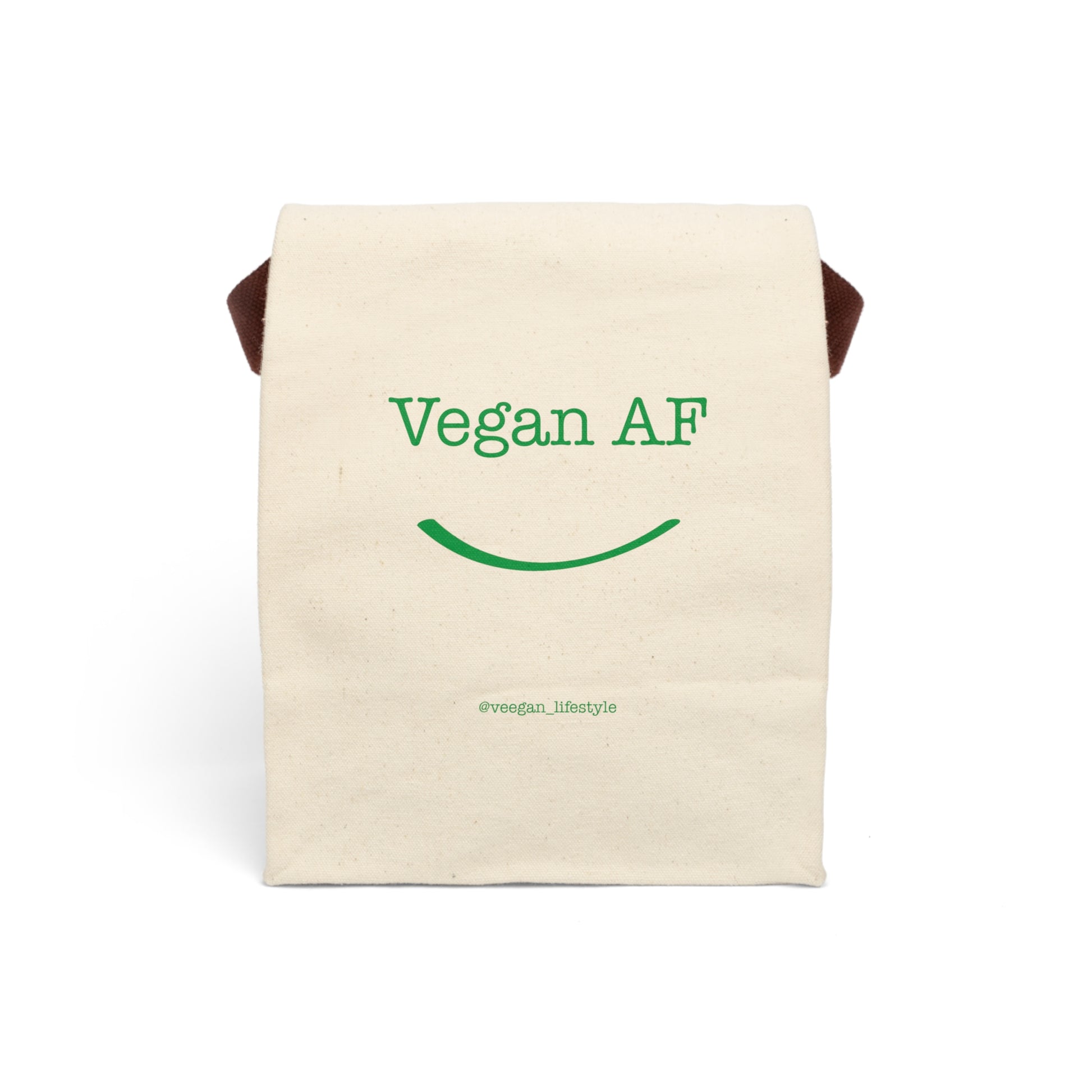 front view "Vegan AF" canvas lunch bag with smile white background 