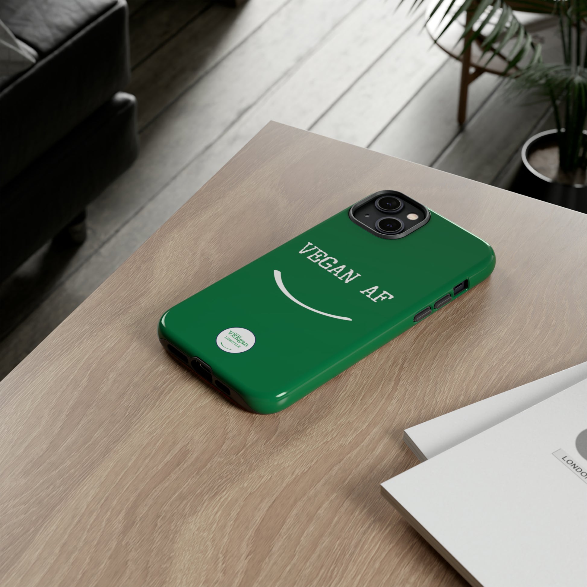 front view "Vegan AF" Tough green Phone Case with smile  lifestyle environment