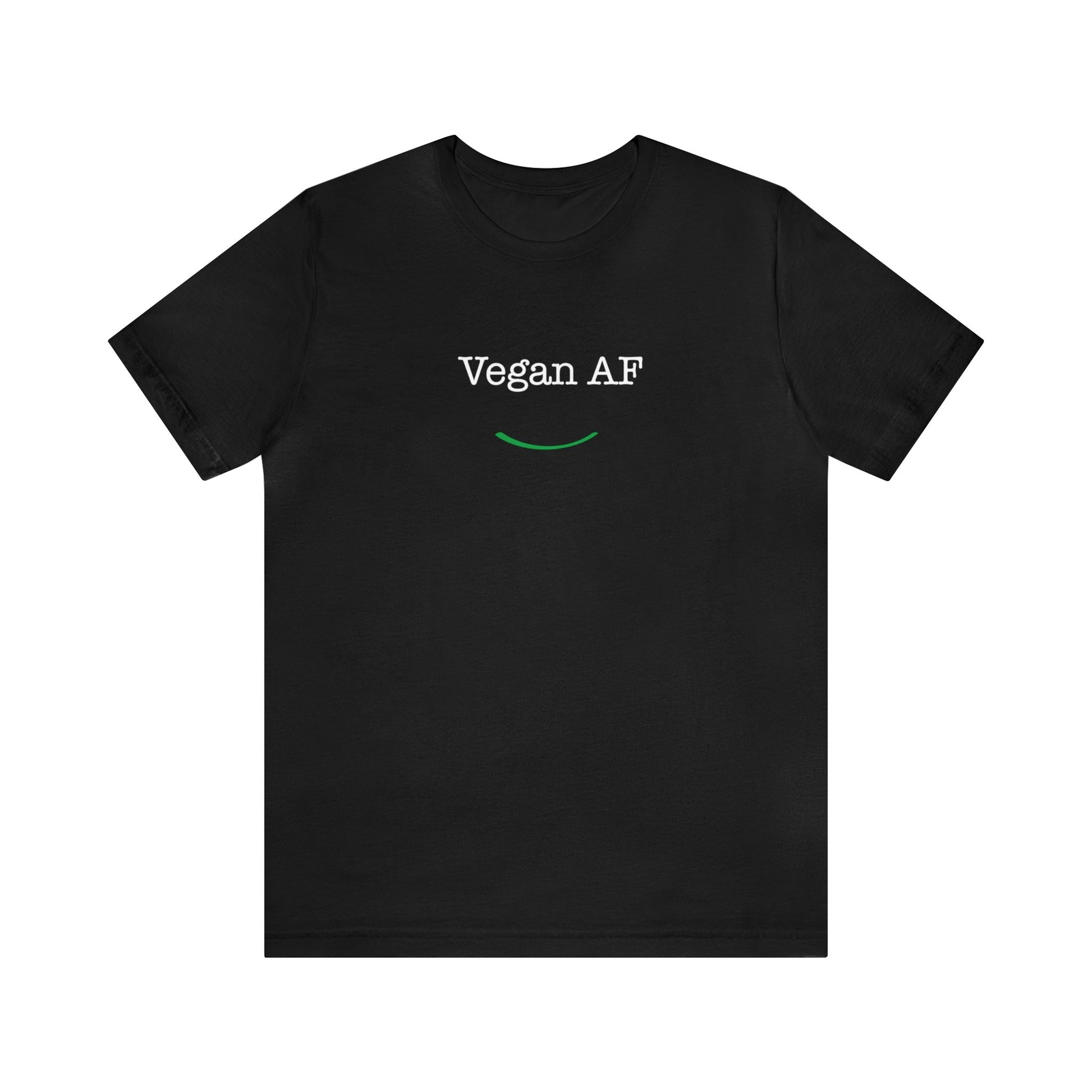 front view "Vegan AF" black t-shirt with smile white background