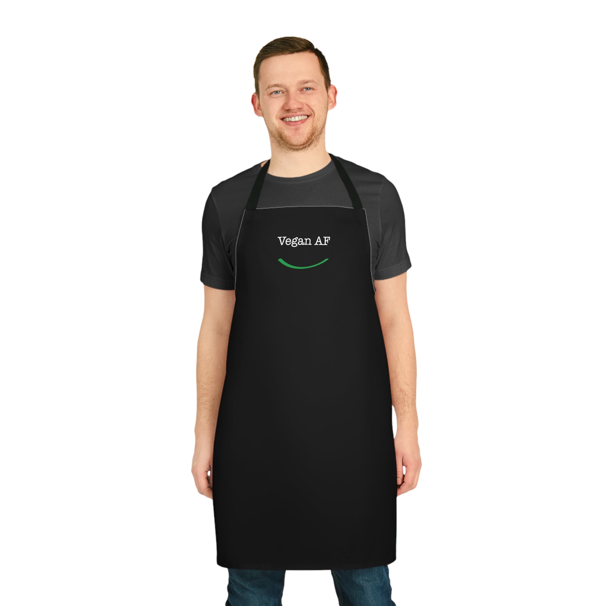 front view "Vegan AF" apron with smile white background on  male