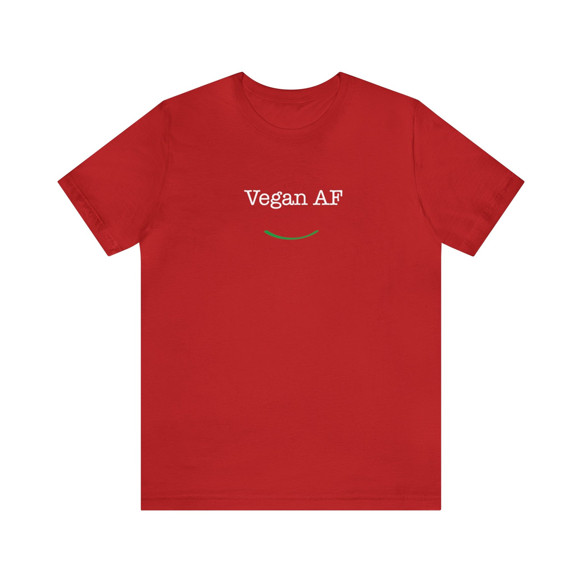 front view "Vegan AF" red t-shirt with smile white background