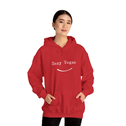 front "Sexy Vegan" red hoodie with smile on white female