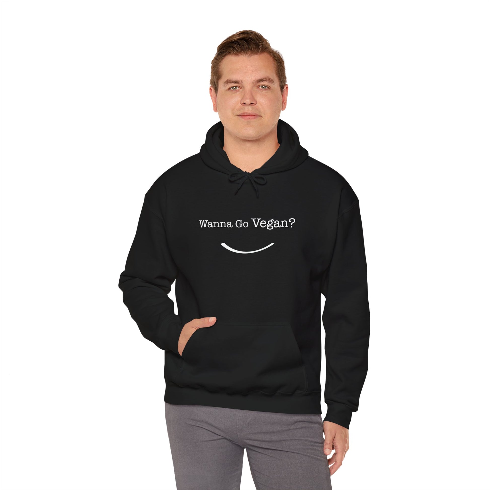 front view "Wanna Go Vegan?" black hoodie on white background male