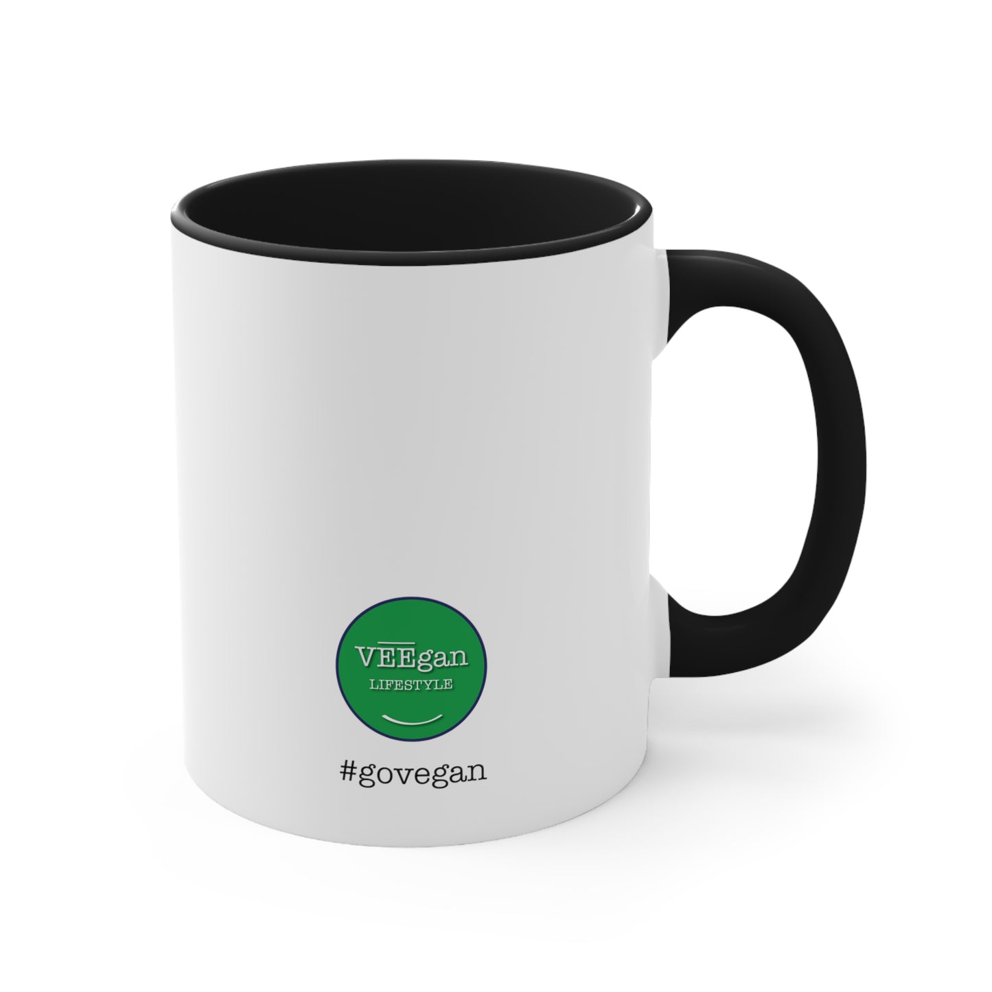 back view #govegan black accent coffee mug on white background