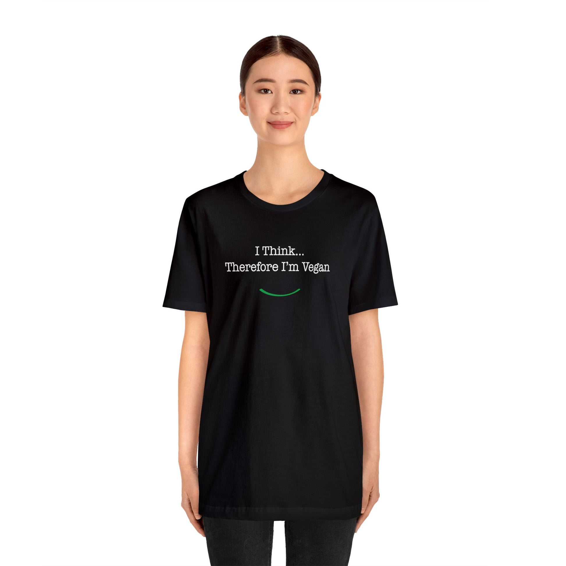 front "i Think Therefore I'm Vegan" t-shirt on white female