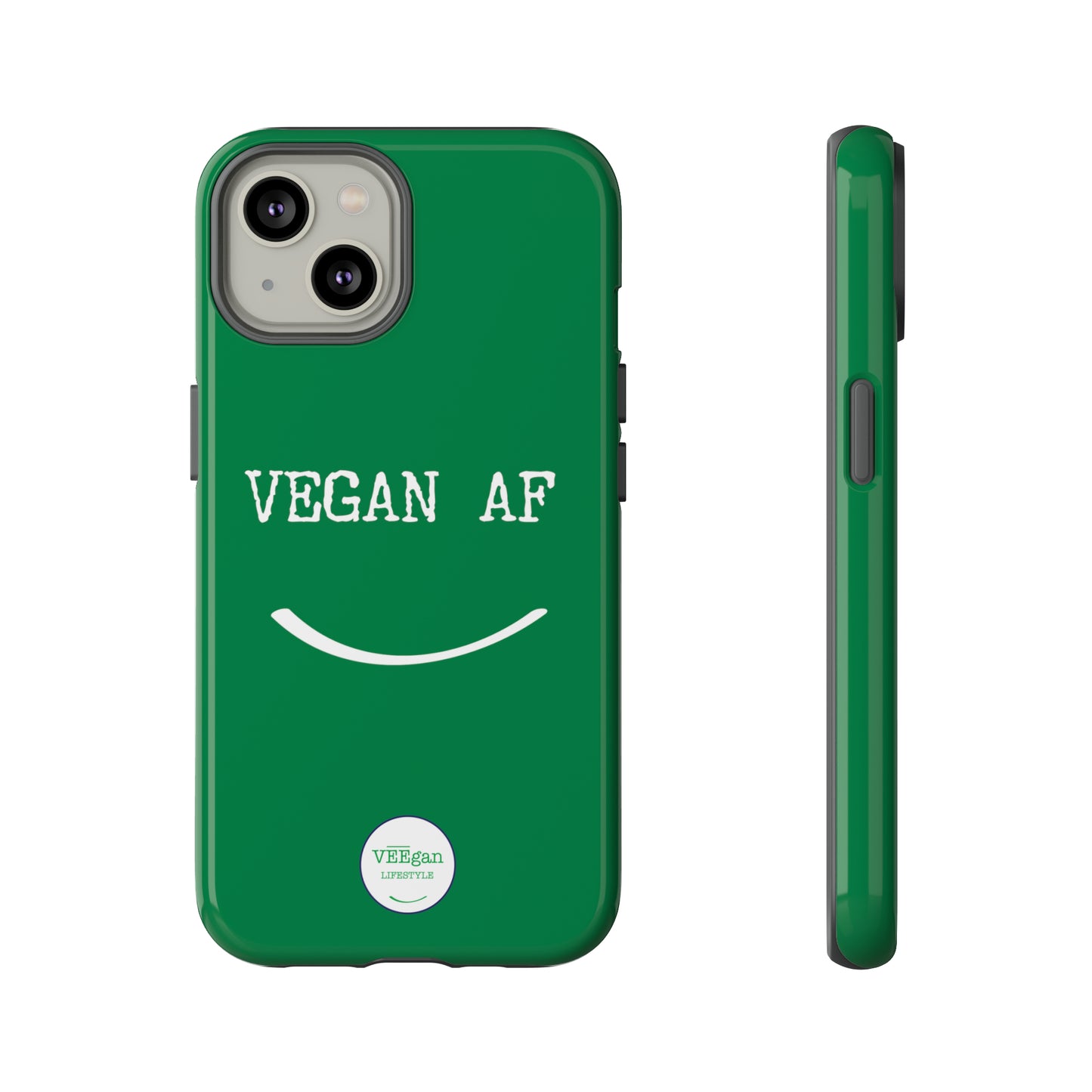 front view "Vegan AF" Tough green Phone Case with smile white background