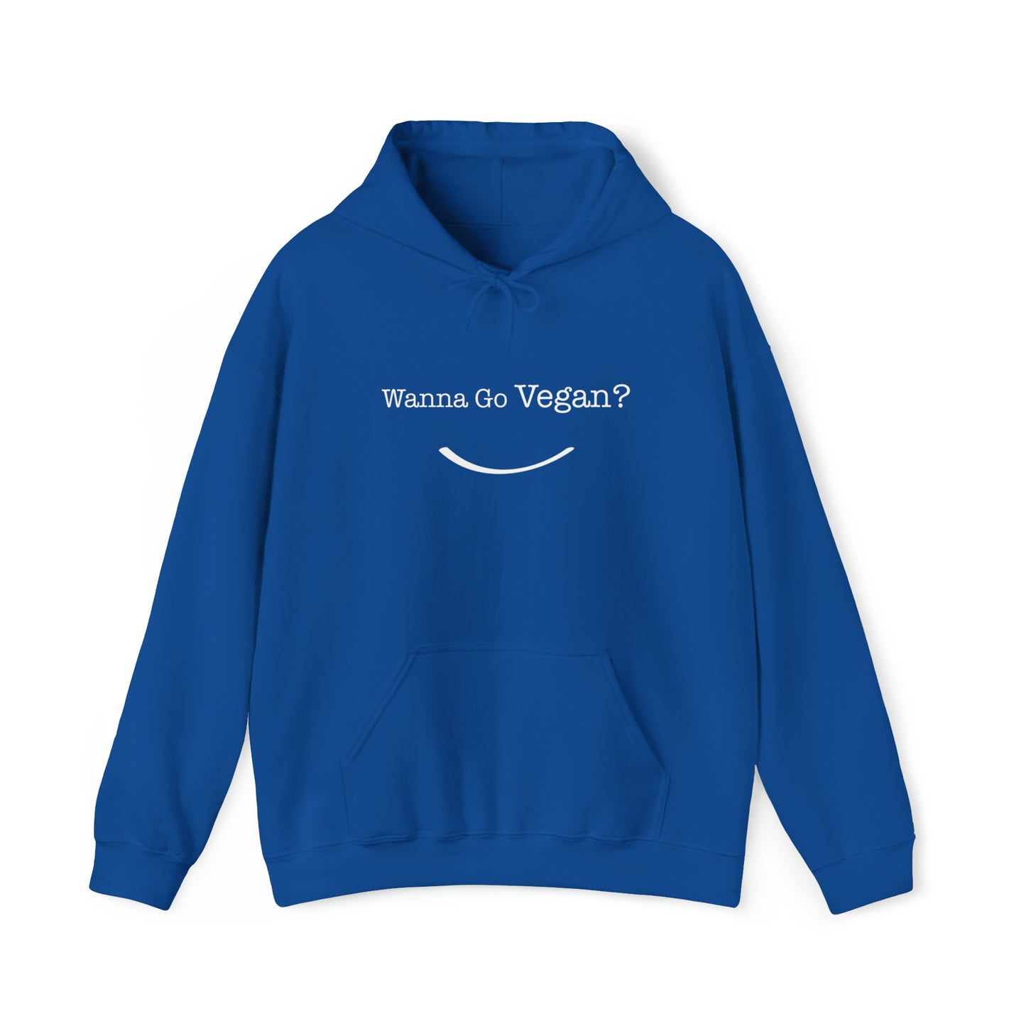 front view "Wanna Go Vegan?" blue hoodie on white background