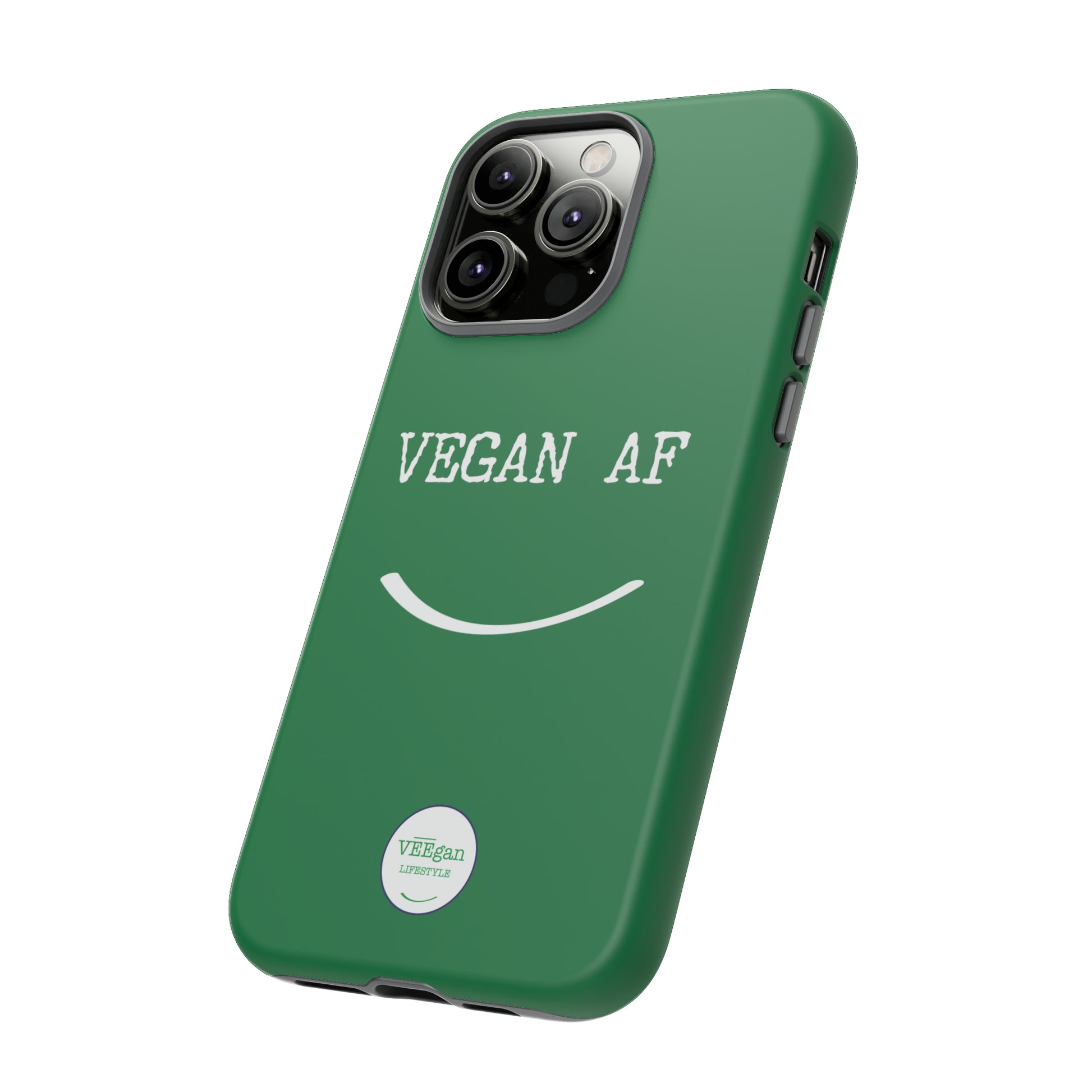 front view "Vegan AF" Tough green Phone Case with smile white background