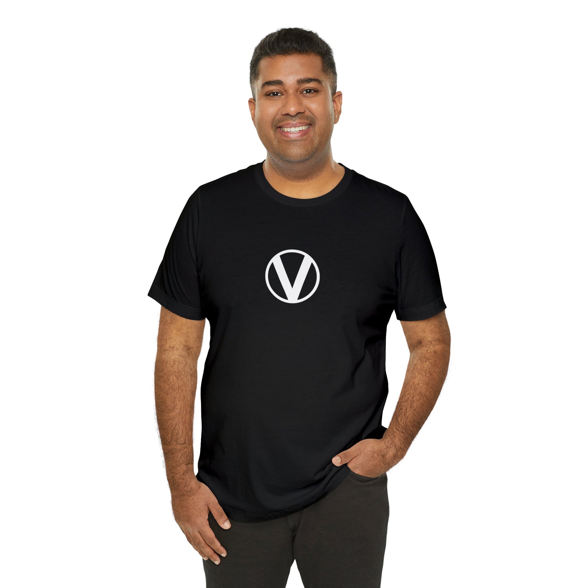 circled v vegan v symbol t-shirt on male 