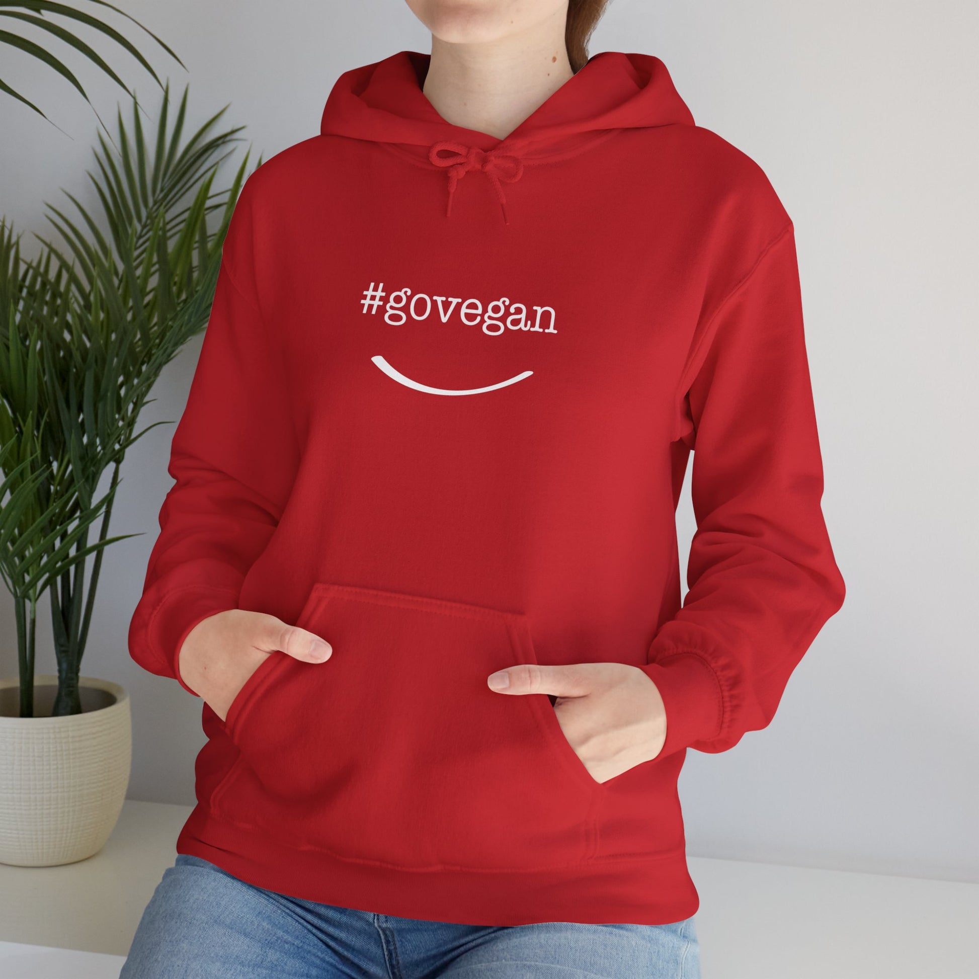 #govegan red hoodie on female lifestyle