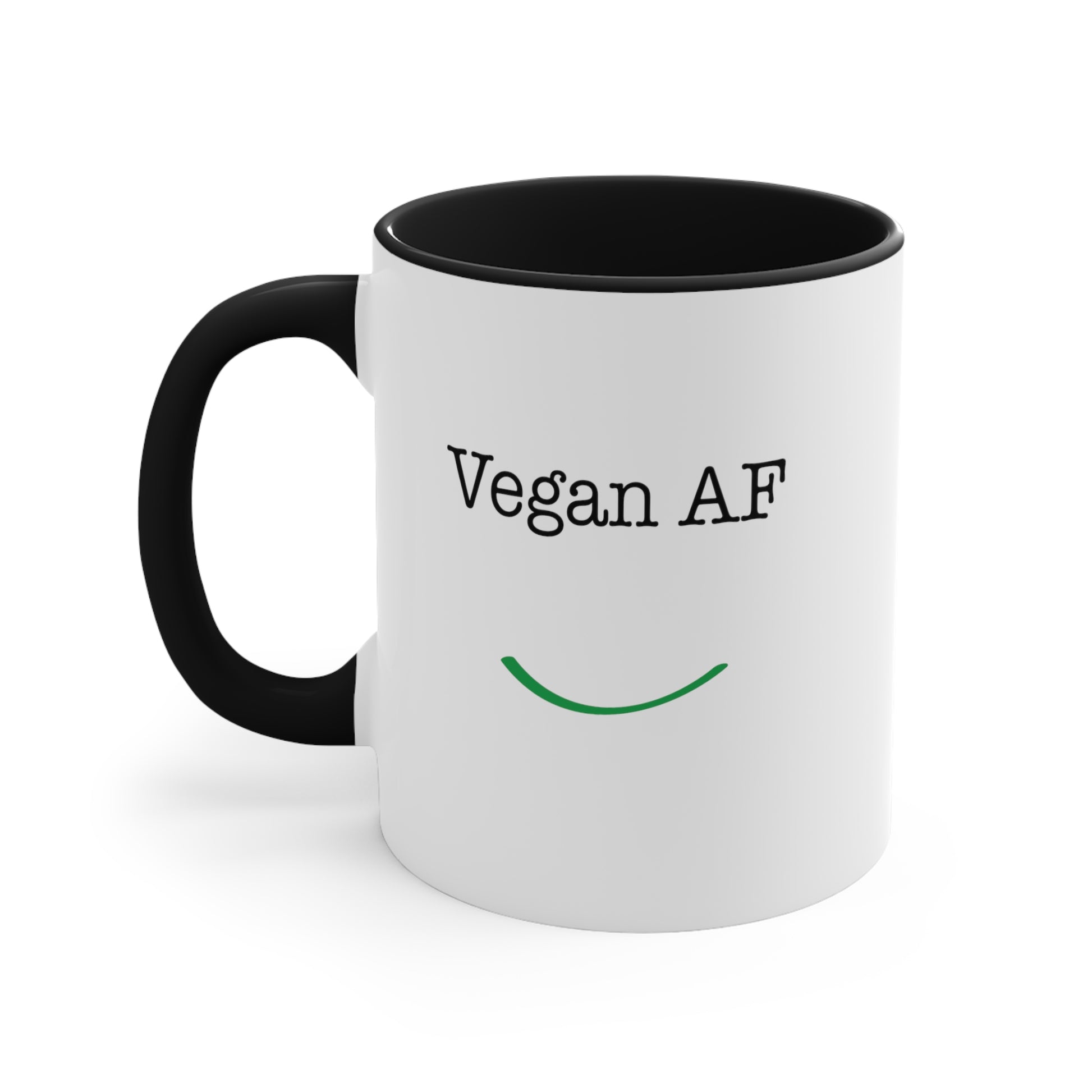 front "Vegan AF" black accent mug with smile on white