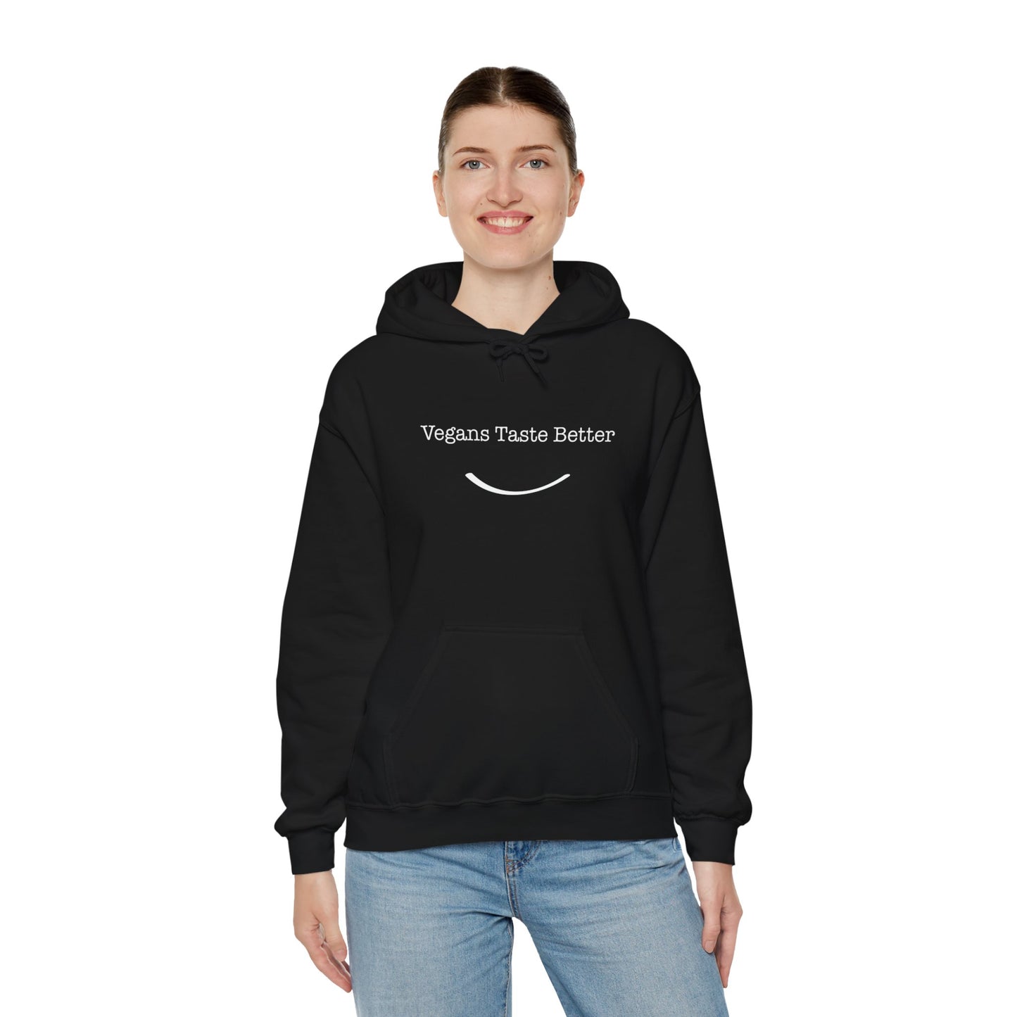 front view "Vegans Taste Better" black hoodie on white female