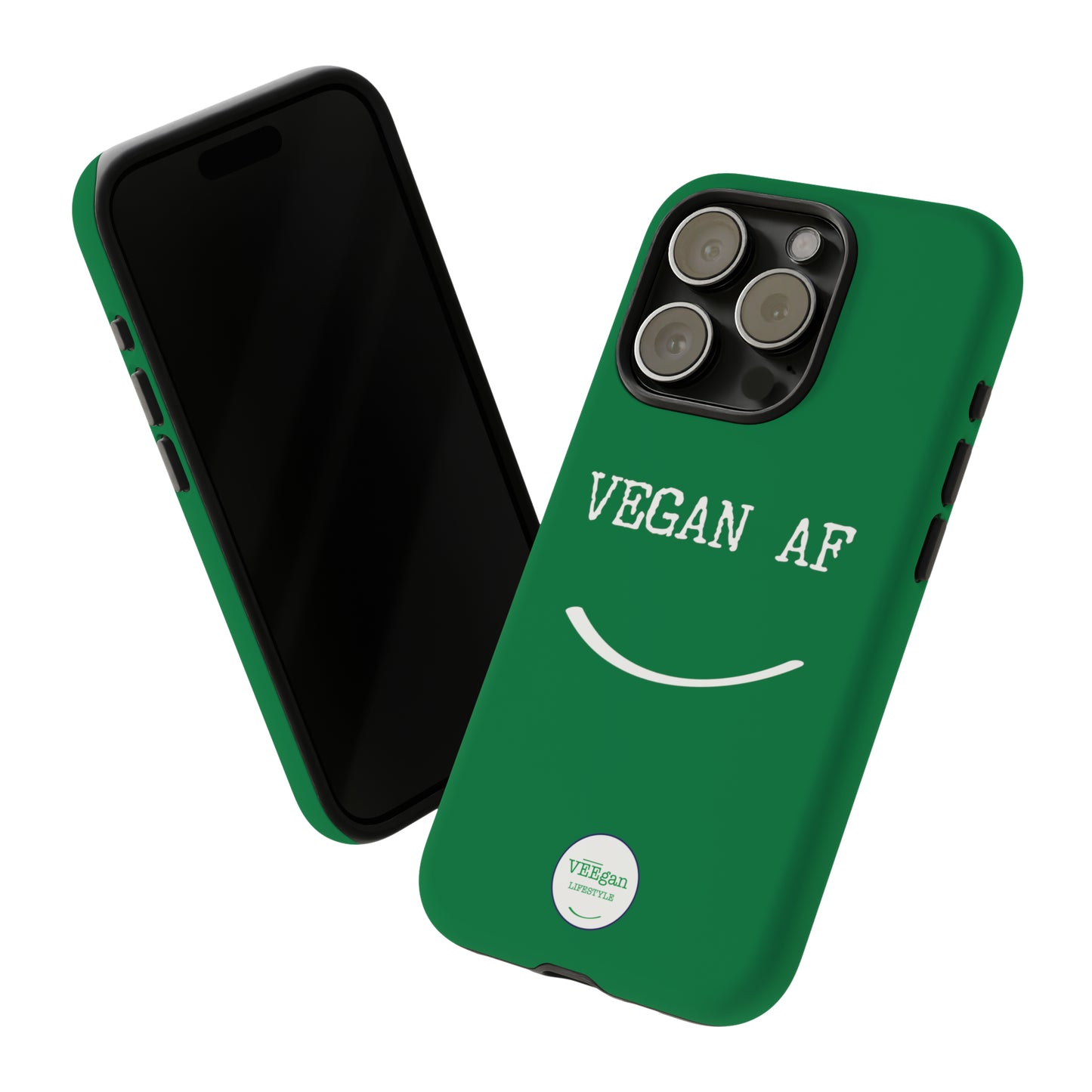 front view "Vegan AF" Tough green Phone Case with smile white background