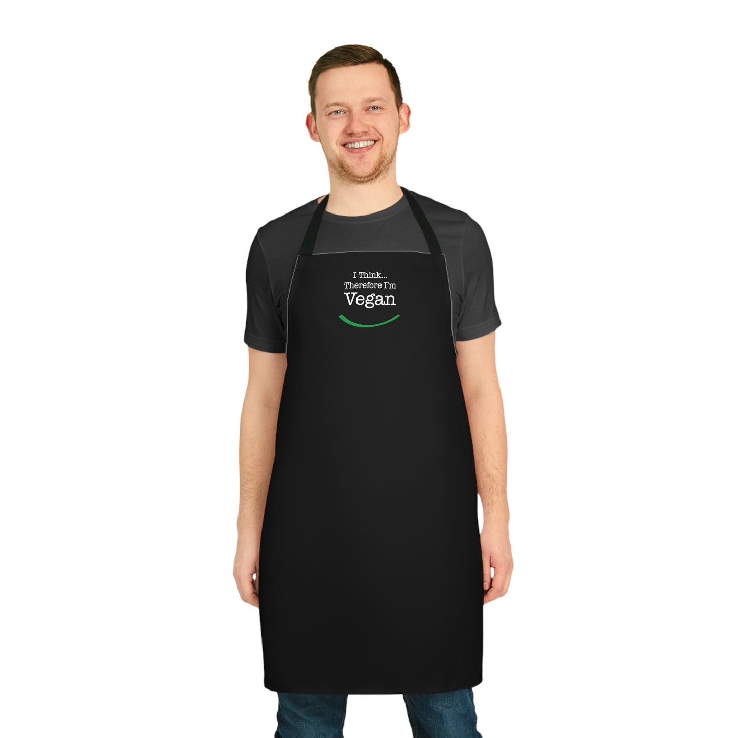 front "i Think Therefore I'm Vegan" apron on white male