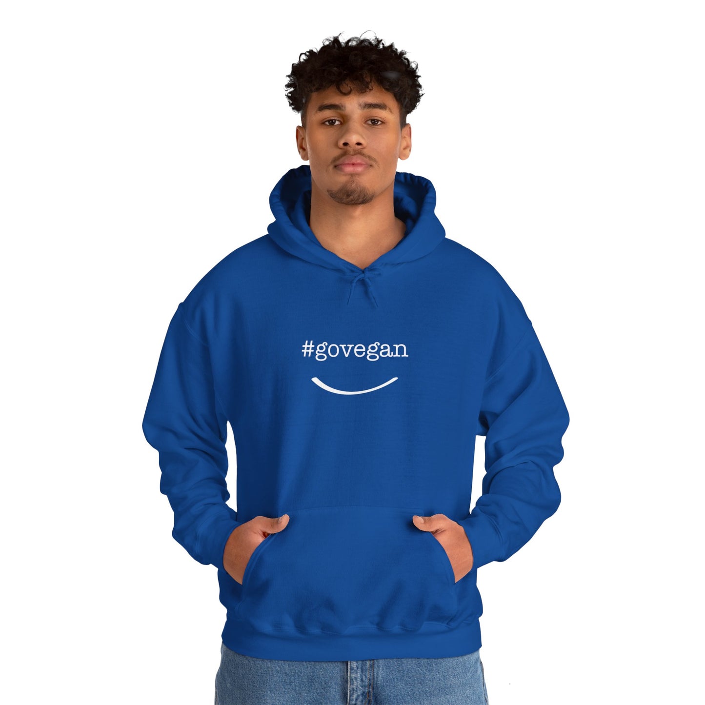 #govegan blue hoodie male on white