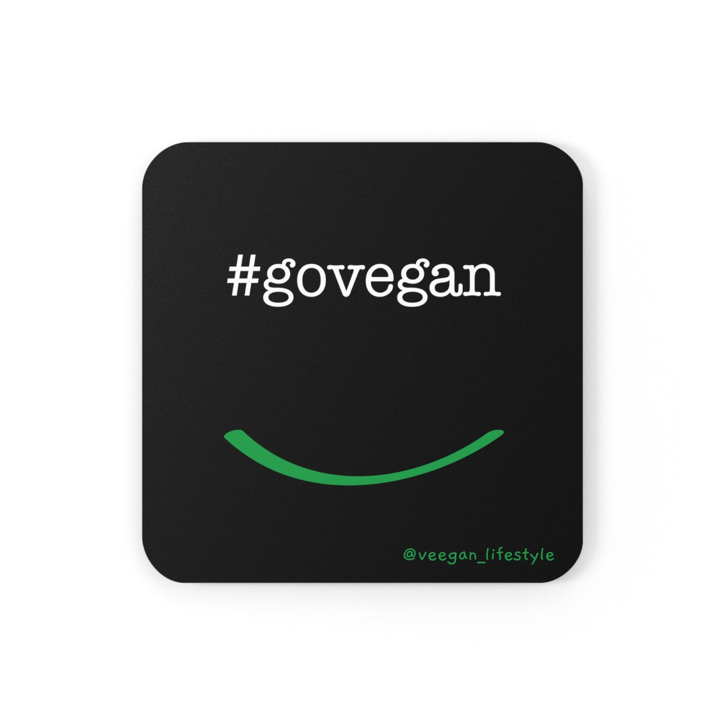 front view #govegan black square coaster on white background