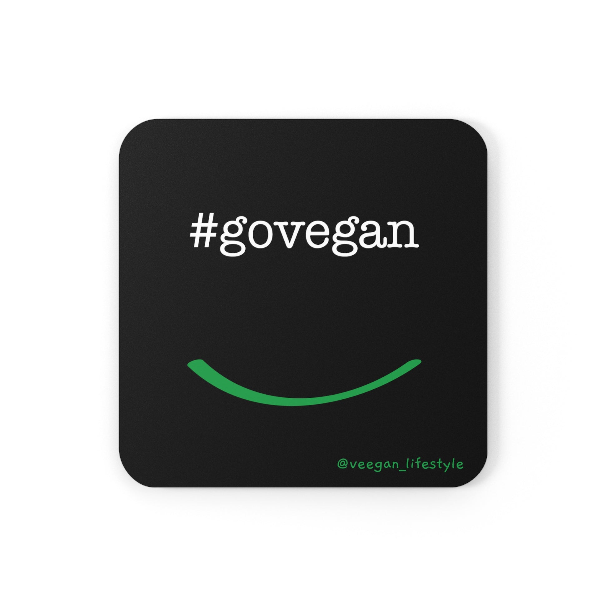 front view #govegan black square coaster on white background