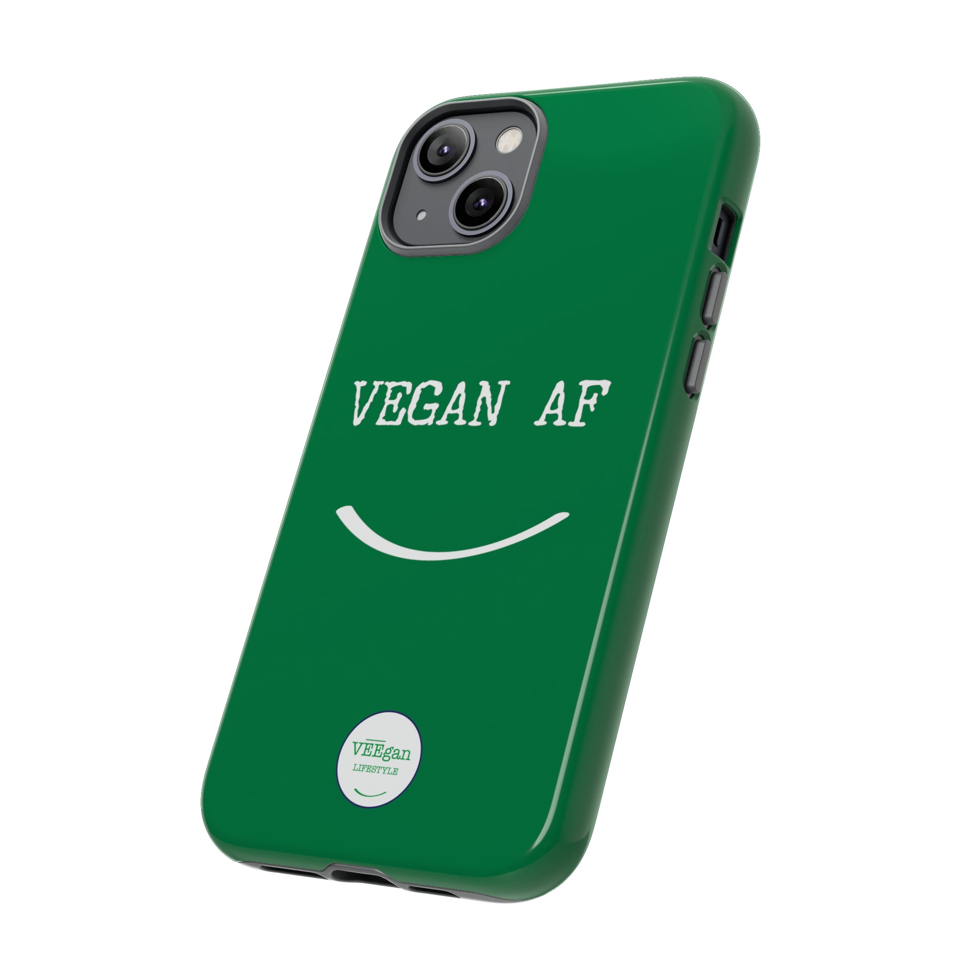 front view "Vegan AF" Tough green Phone Case with smile white background