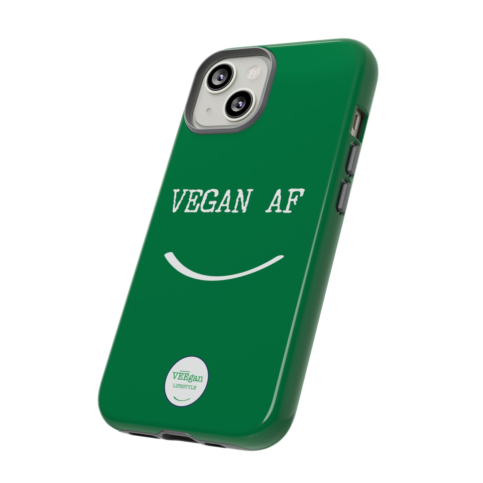 front view "Vegan AF" Tough green Phone Case with smile white background