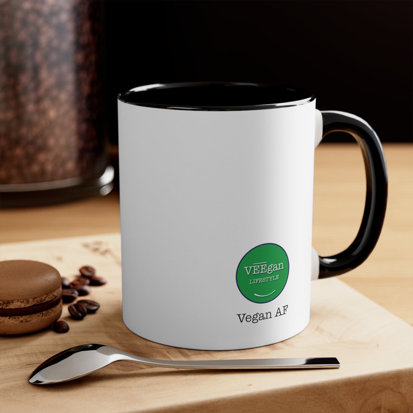 back "Vegan AF" black accent coffee mug with smile lifestyle 