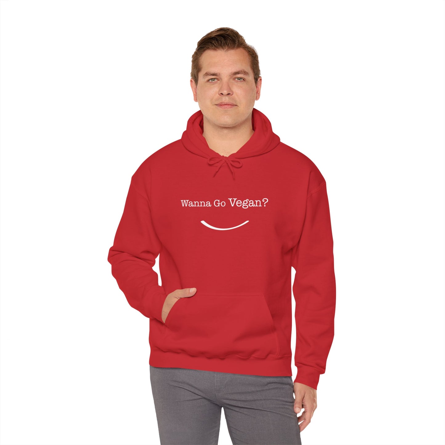 front view "Wanna Go Vegan?" red hoodie on white background male