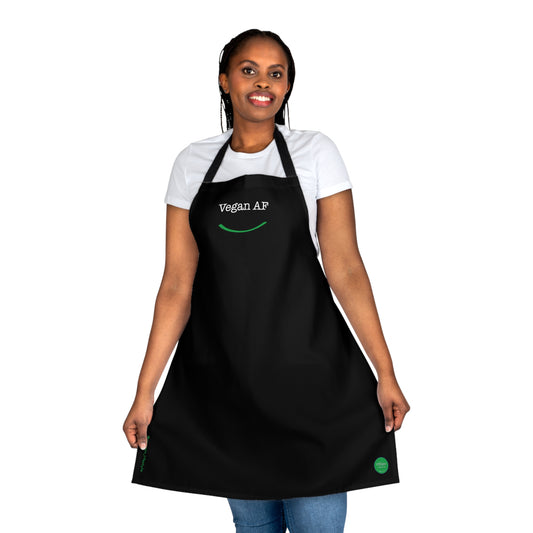 front view "Vegan AF" apron with smile white background on female