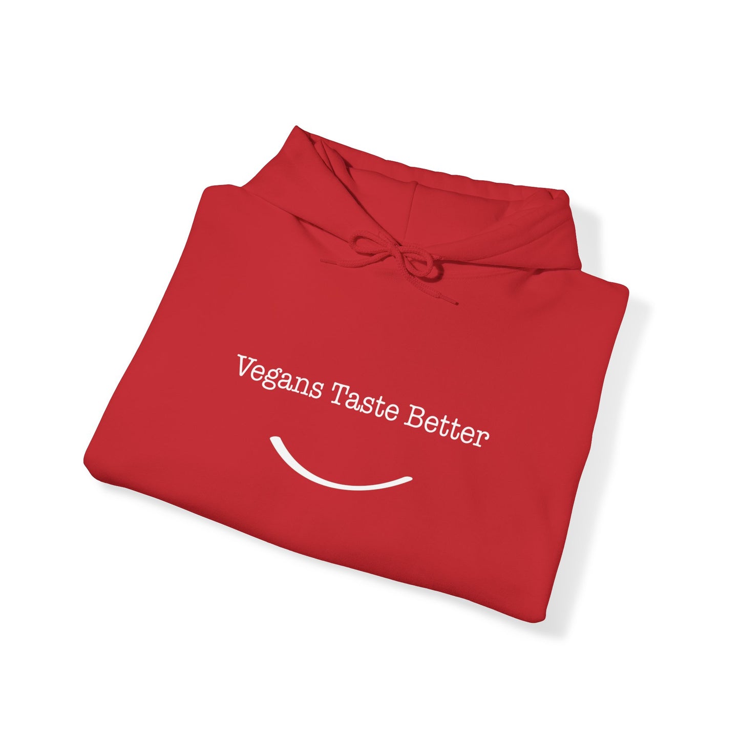 front view "Vegans Taste Better" red hoodie on white folded