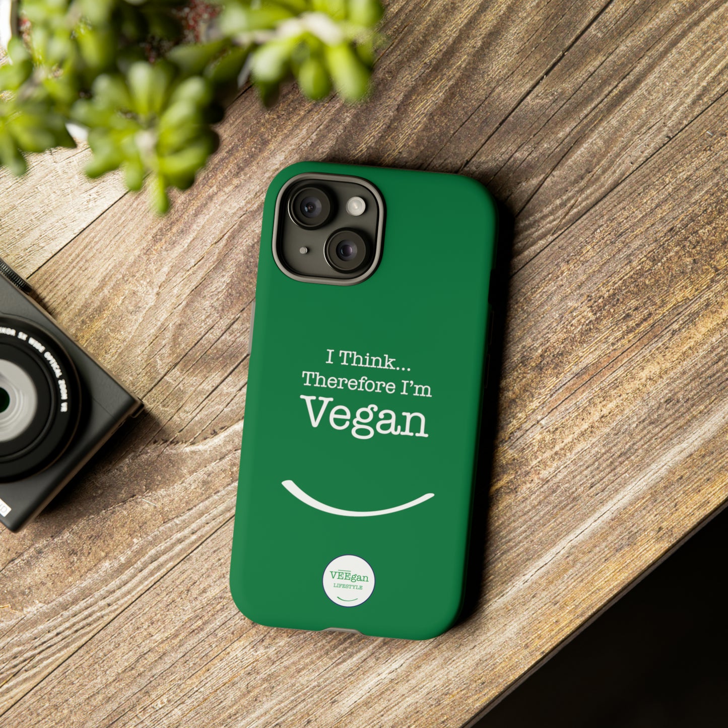 front "i Think Therefore I'm Vegan" phone case lifestyle