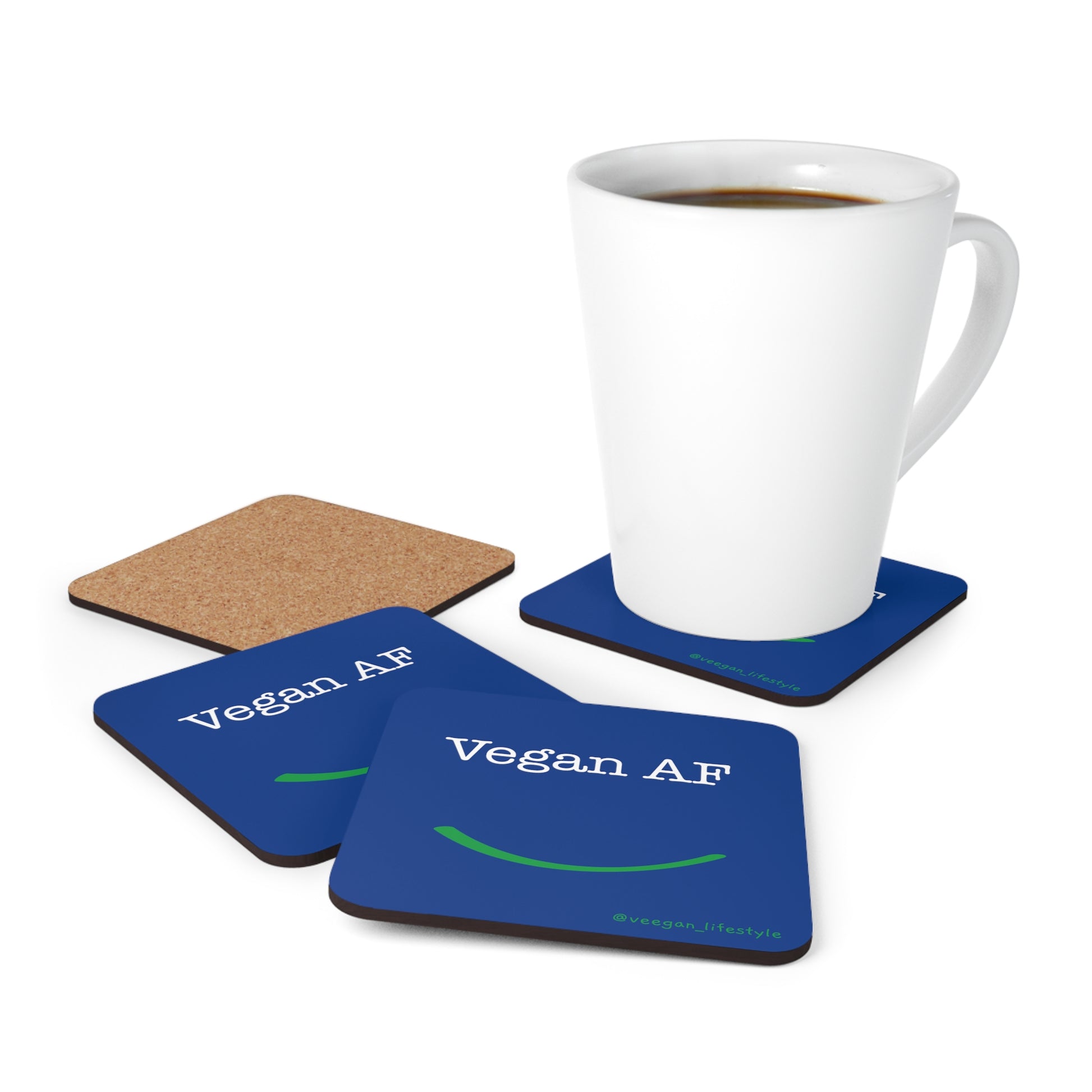 front view "Vegan AF" square blue coaster set with smile white background