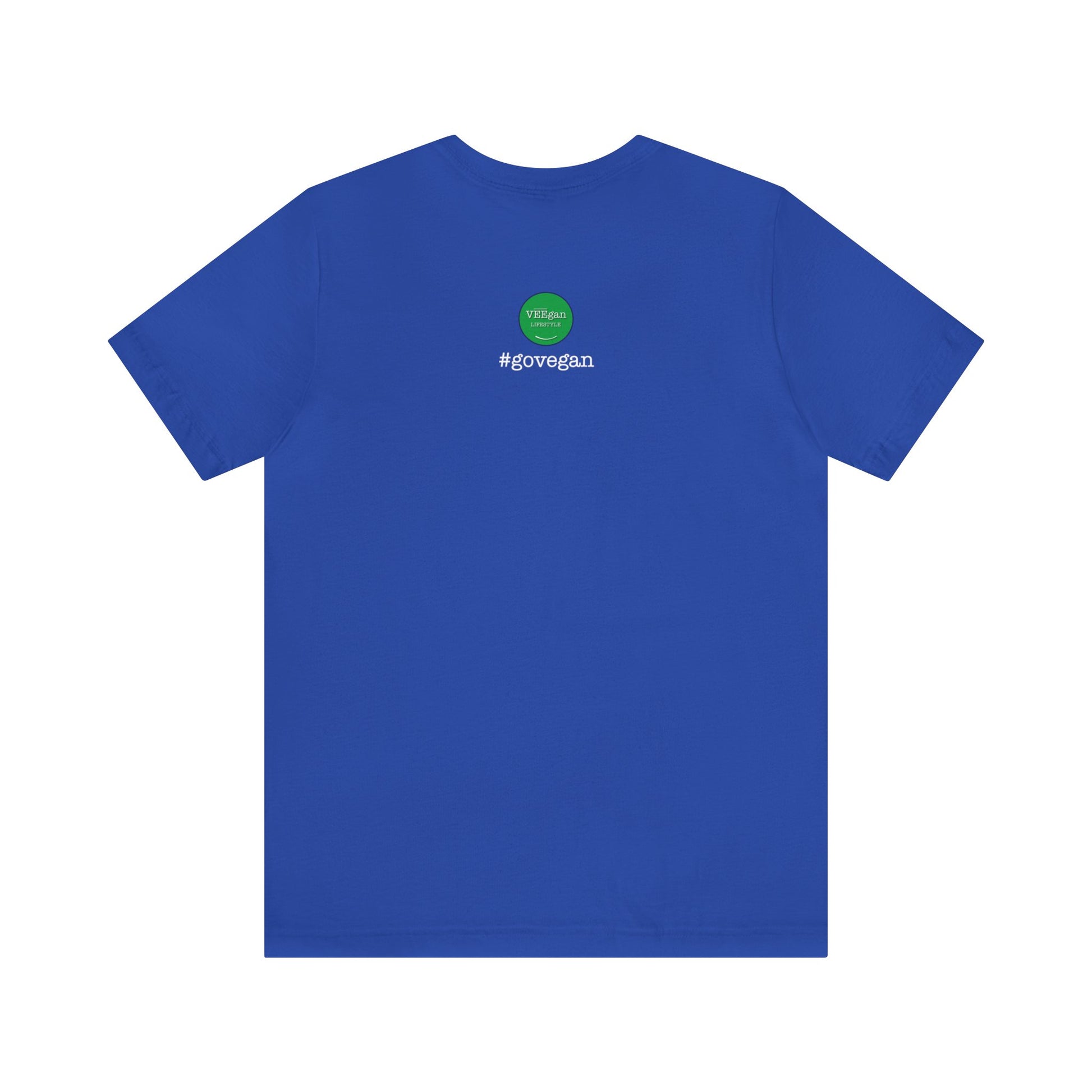 back view #govegan blue unisex t-shirt on white background