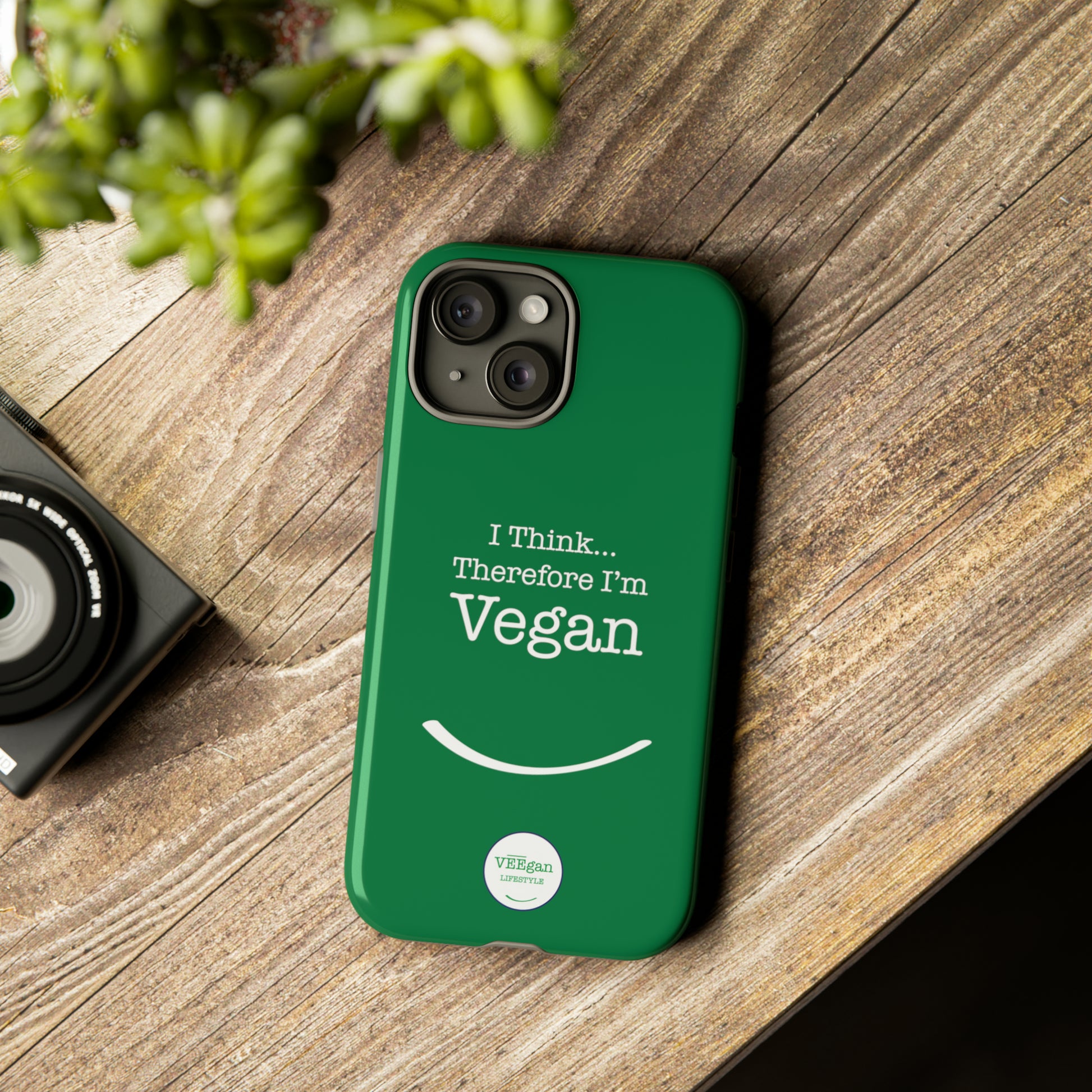 front "i Think Therefore I'm Vegan" phone case lifestyle