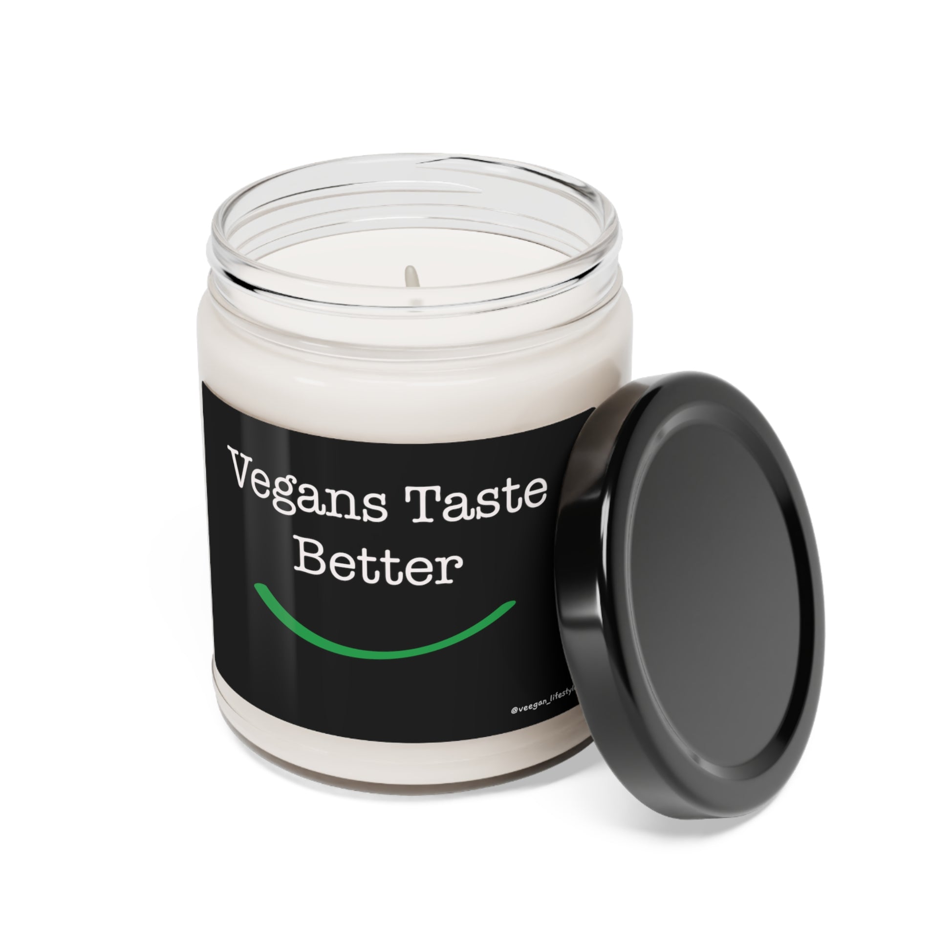 front view "Vegans Taste Better" scented candle on white background