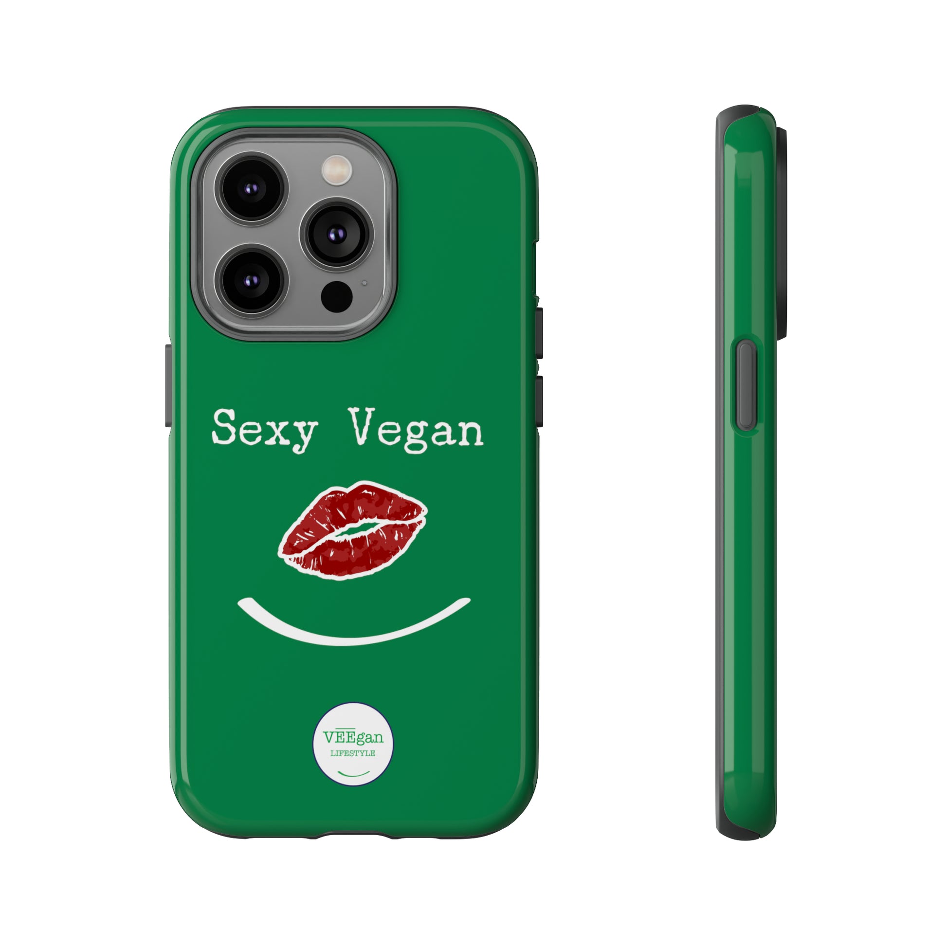 "Sexy Vegan" Tough Phone Case Green with lips and smile on white