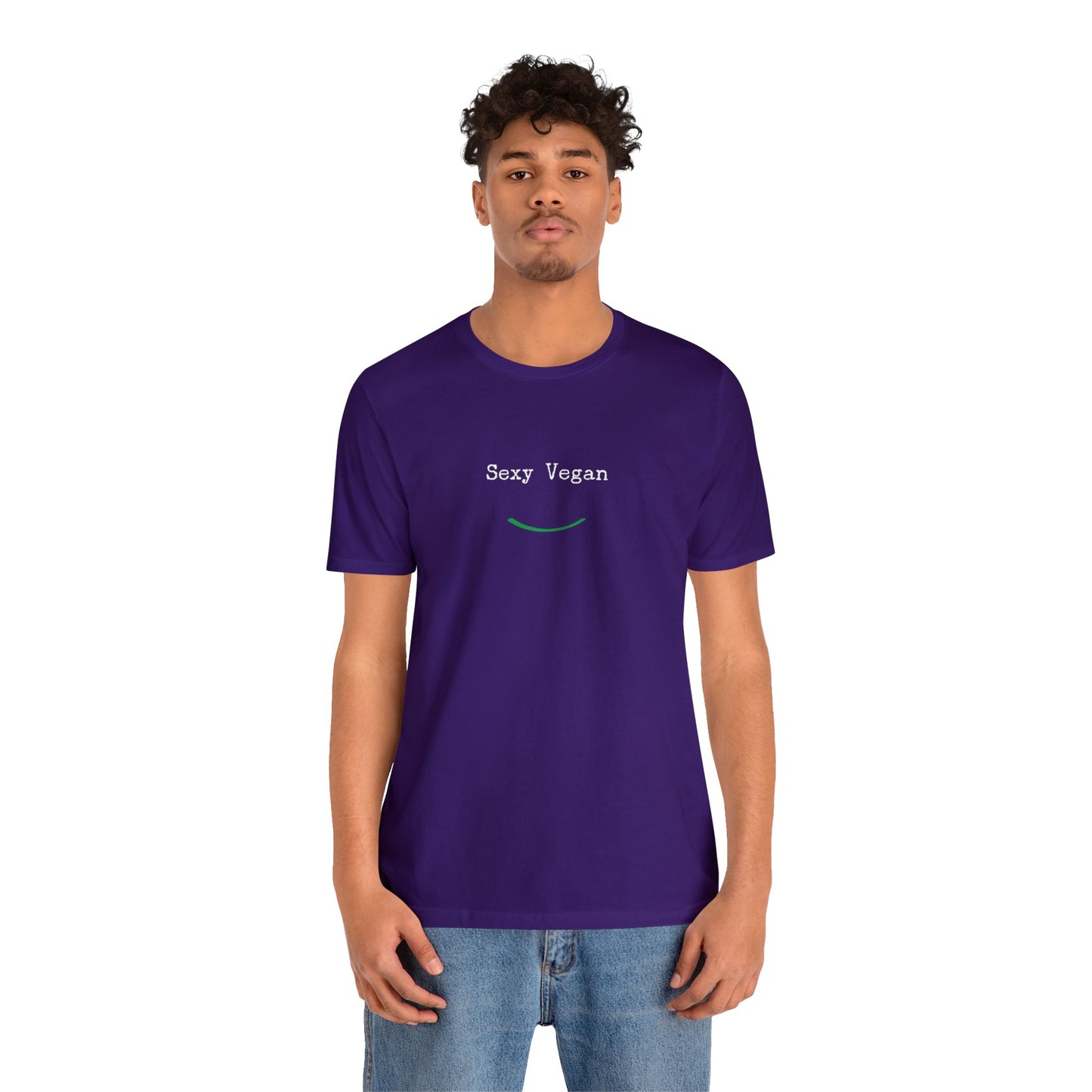 front "Sexy Vegan" purple t-shirt with smile on white  male