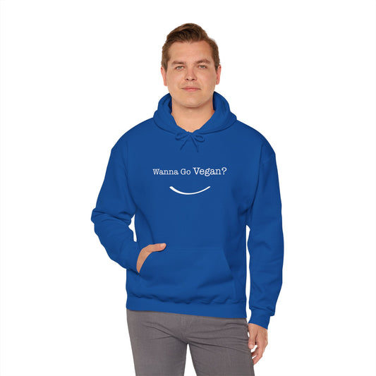 front view "Wanna Go Vegan?" blue hoodie on white background male