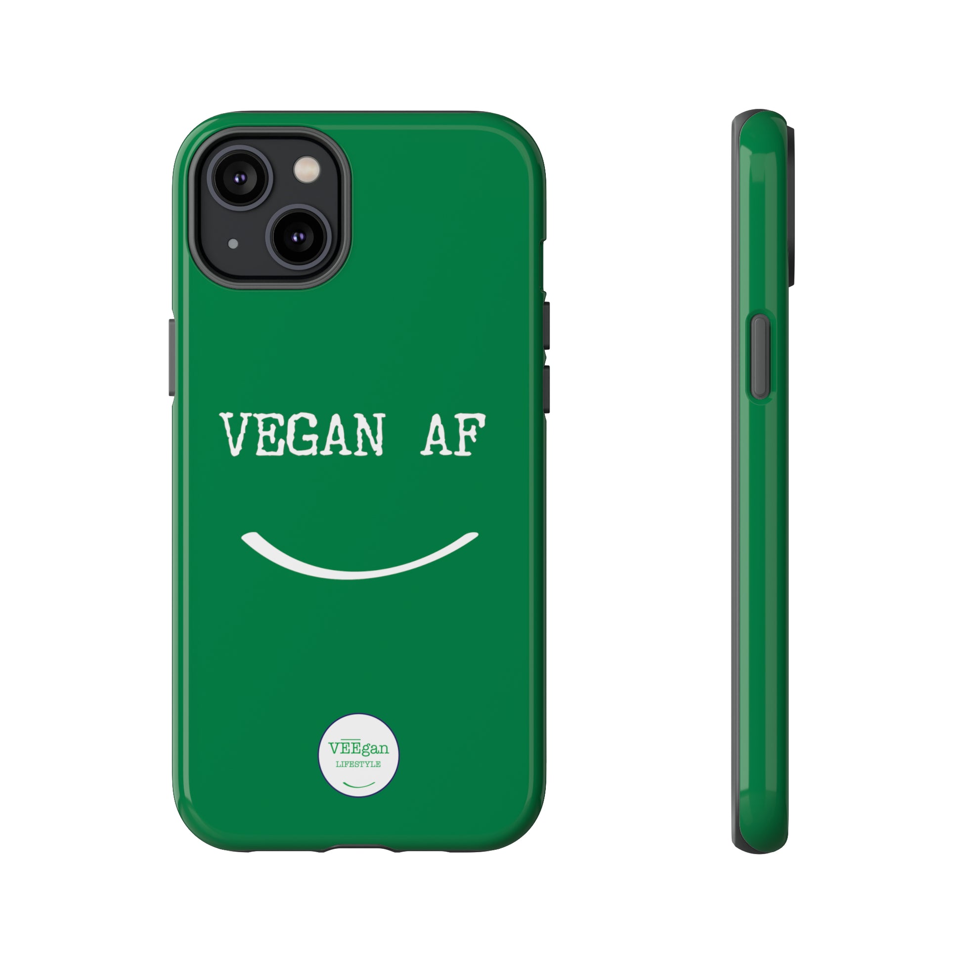 front view "Vegan AF" Tough green Phone Case with smile white background