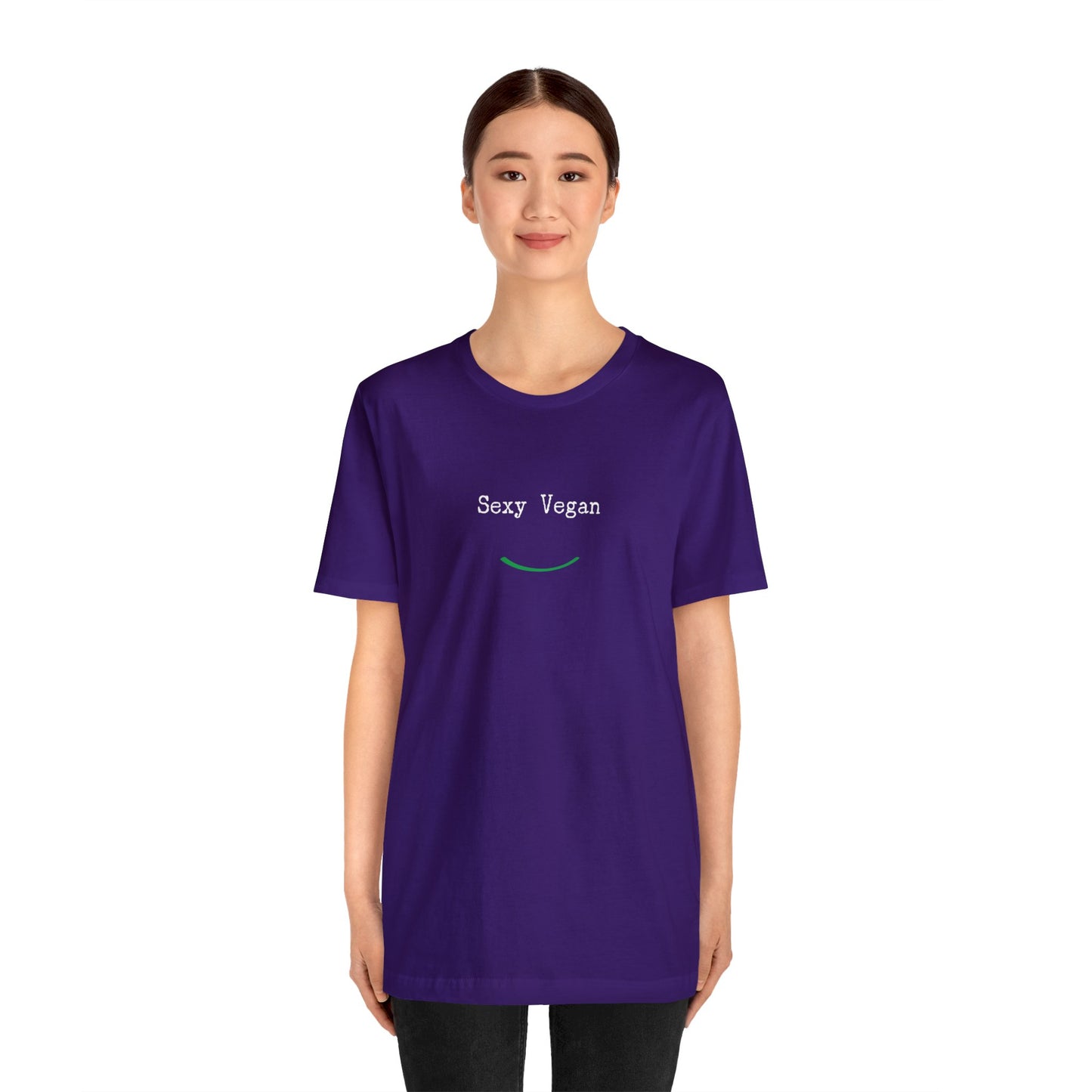 front "Sexy Vegan" purple t-shirt with smile on white  female